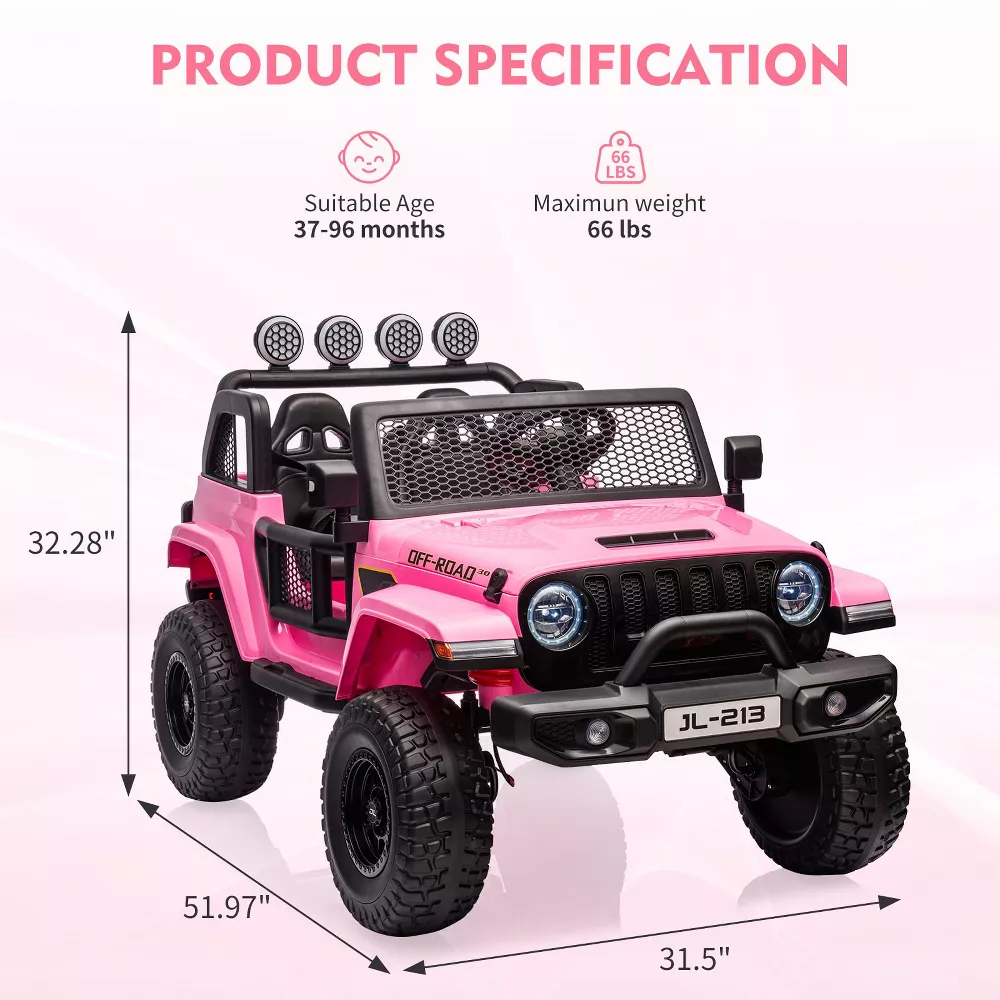 Garvee Ride - P Series: 24V 7AH Kids Ride on Truck Car 2 Seater Electric Vehicles for Toddles 2WD/4WD Switchable Battery Powered Cars with Remote Control, 4-Wheeler Suspension, LED Lights, MP3, Back Storage - Pink