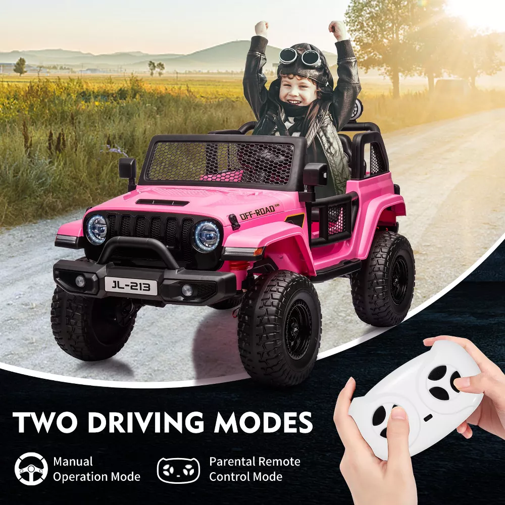 Garvee Ride - P Series: 24V 7AH Kids Ride on Truck Car 2 Seater Electric Vehicles for Toddles 2WD/4WD Switchable Battery Powered Cars with Remote Control, 4-Wheeler Suspension, LED Lights, MP3, Back Storage - Pink