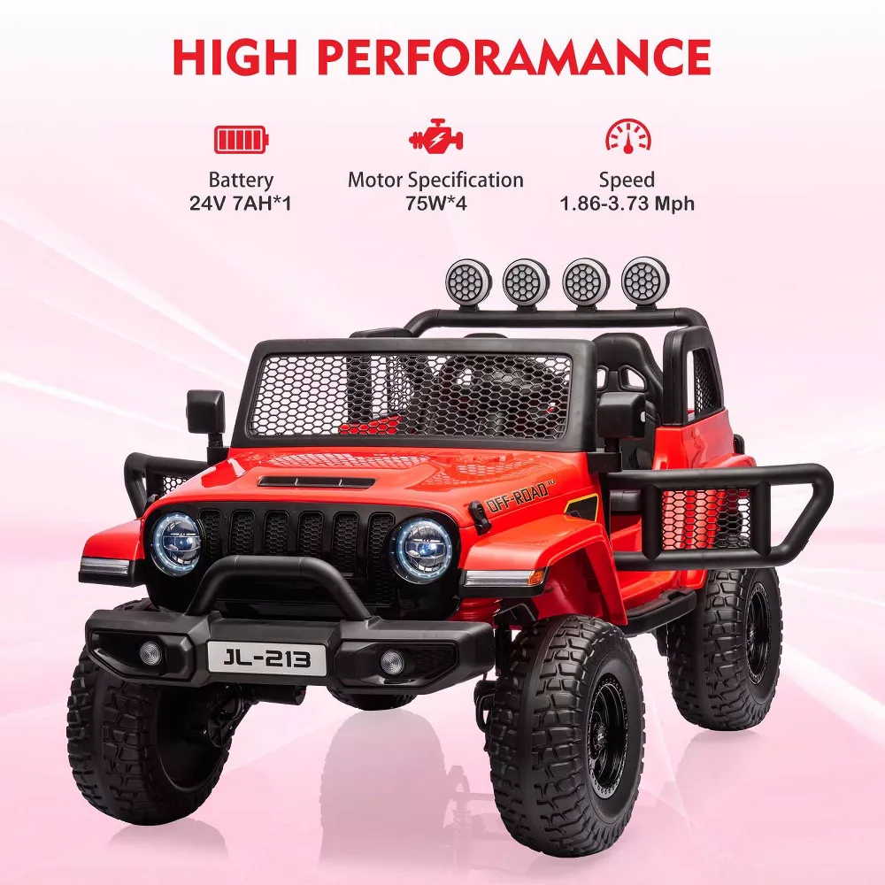 Garvee Ride - P Series: 24V 7AH Kids Ride on Truck Car 2 Seater Electric Vehicles for Toddles 2WD/4WD Switchable Battery Powered Cars with Remote Control, 4-Wheeler Suspension, LED Lights, MP3, Back Storage - Red