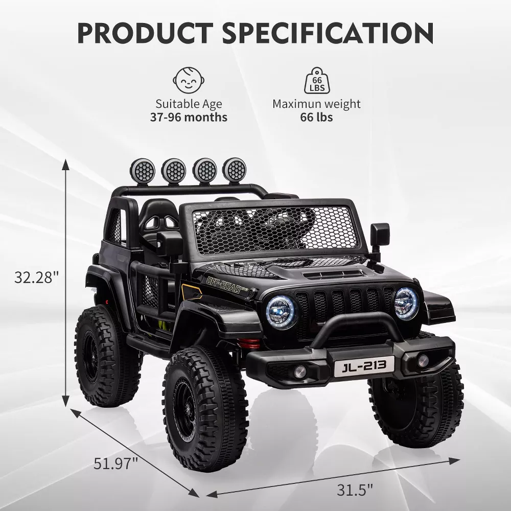 Garvee Ride - P Series: 24V 7AH Kids Ride on Truck Car 2 Seater Electric Vehicles for Toddles 2WD/4WD Switchable Battery Powered Cars with Remote Control, 4-Wheeler Suspension, LED Lights, MP3, Back Storage - Black