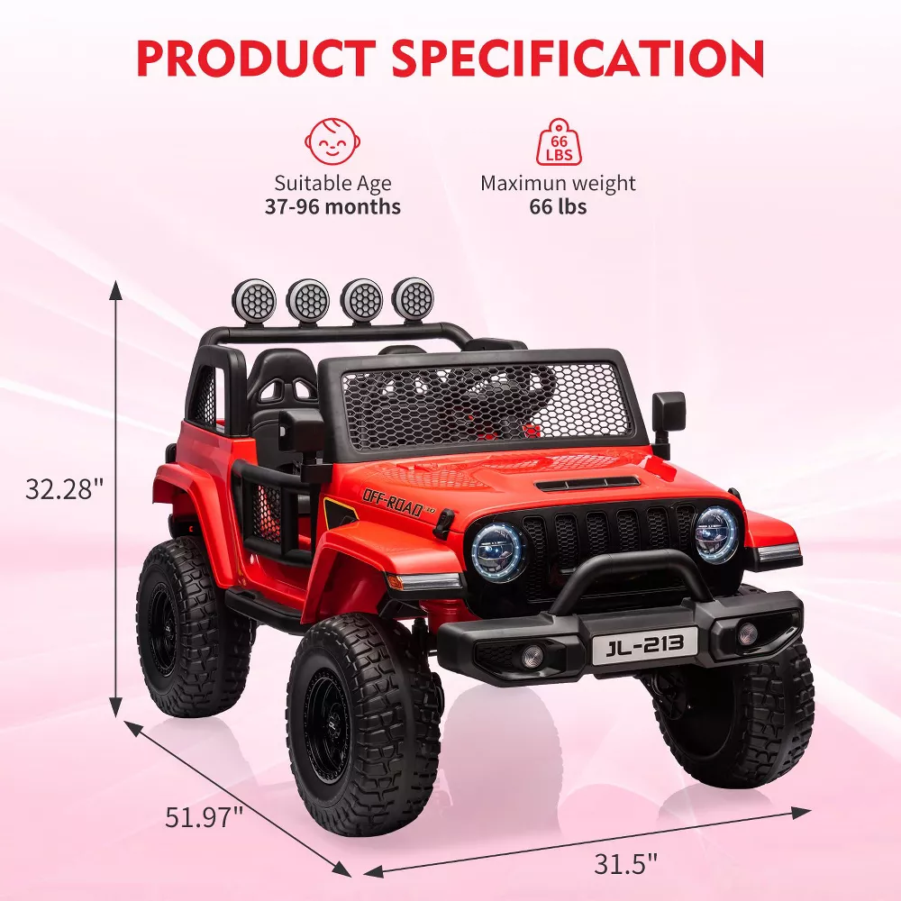 Garvee Ride - P Series: 24V 7AH Kids Ride on Truck Car 2 Seater Electric Vehicles for Toddles 2WD/4WD Switchable Battery Powered Cars with Remote Control, 4-Wheeler Suspension, LED Lights, MP3, Back Storage - Red