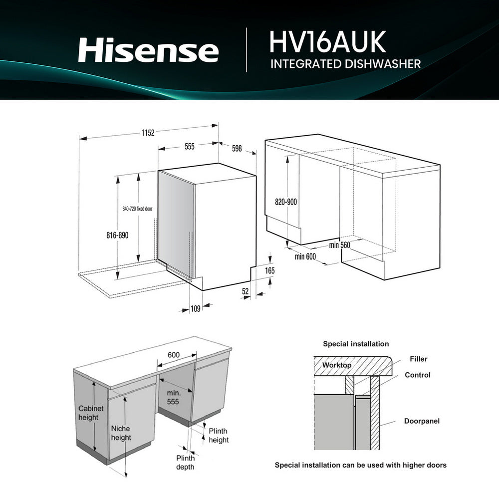 Hisense Hi6 HV16AUK Full-Size Fully Integrated Dishwasher 16 Place Settings