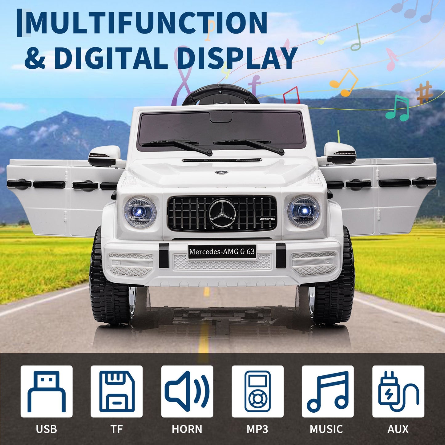 Garvee Ride P Series 12V Mercedes-Benz G63 Ride-On: Remote Control, Suspension, Soft Start, LED, Bluetooth, Music, 2x25W Motors - White