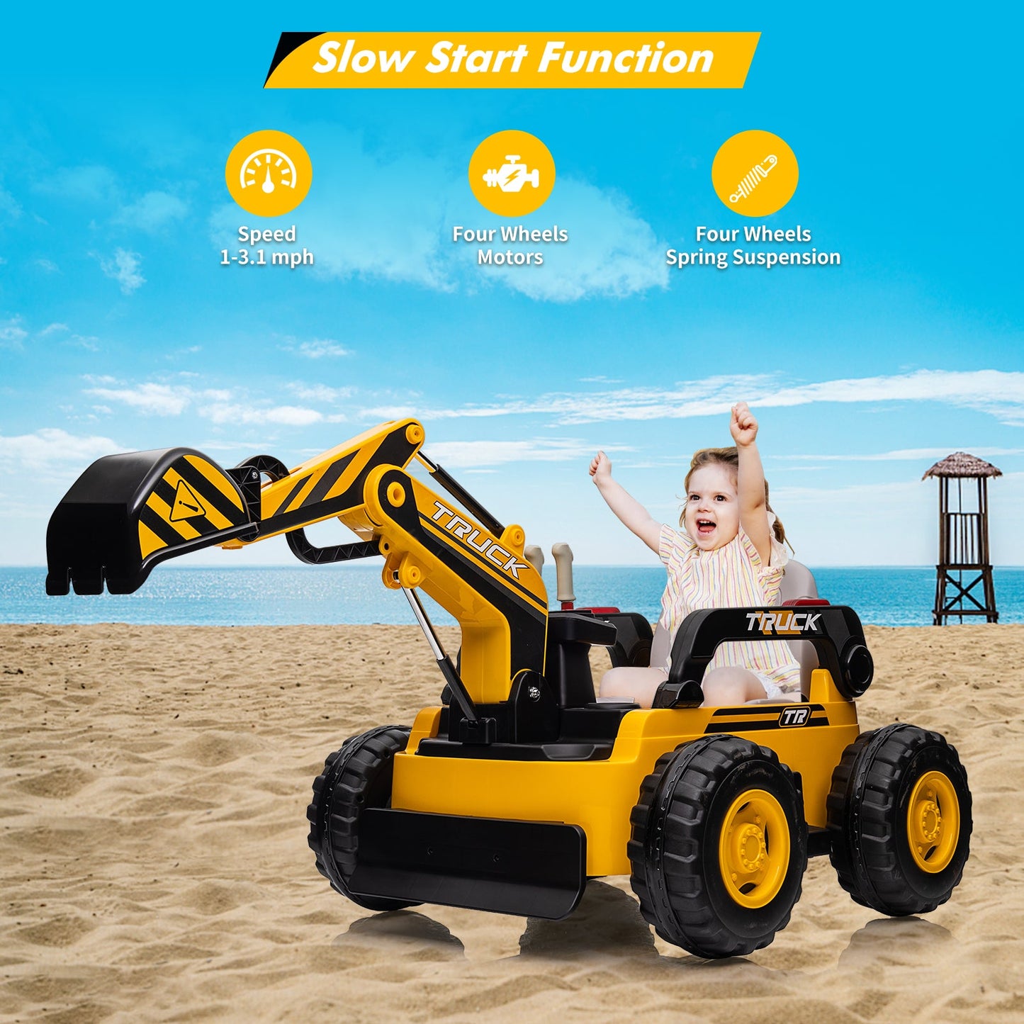 Garvee Ride - P Series: 12V Kids Ride On Excavator Digger Car with Remote Control & Electric Digging Arm with 2x35W Motors, 10Ah Large Battery, 4x75W Driving Motors,Led Tail Light, Music, USB, Ride Toy , Yellow