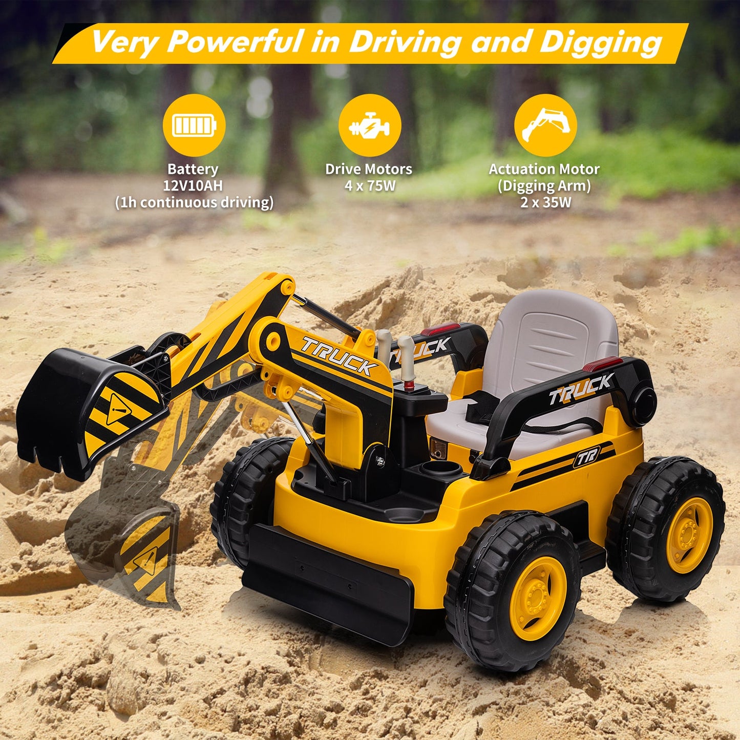 Garvee Ride - P Series: 12V Kids Ride On Excavator Digger Car with Remote Control & Electric Digging Arm with 2x35W Motors, 10Ah Large Battery, 4x75W Driving Motors,Led Tail Light, Music, USB, Ride Toy , Yellow