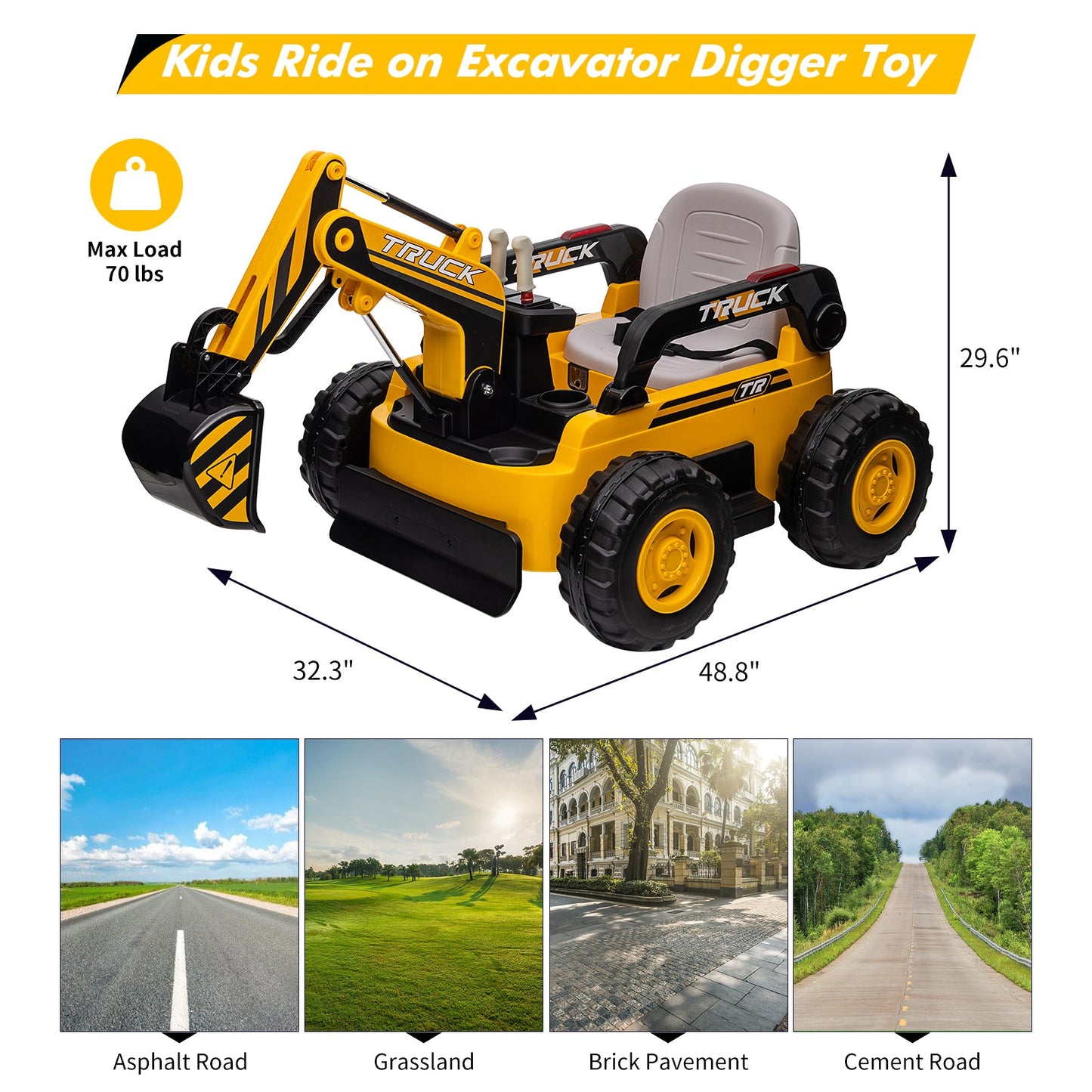 Garvee Ride - P Series: 12V Kids Ride On Excavator Digger Car with Remote Control & Electric Digging Arm with 2x35W Motors, 10Ah Large Battery, 4x75W Driving Motors,Led Tail Light, Music, USB, Ride Toy , Yellow
