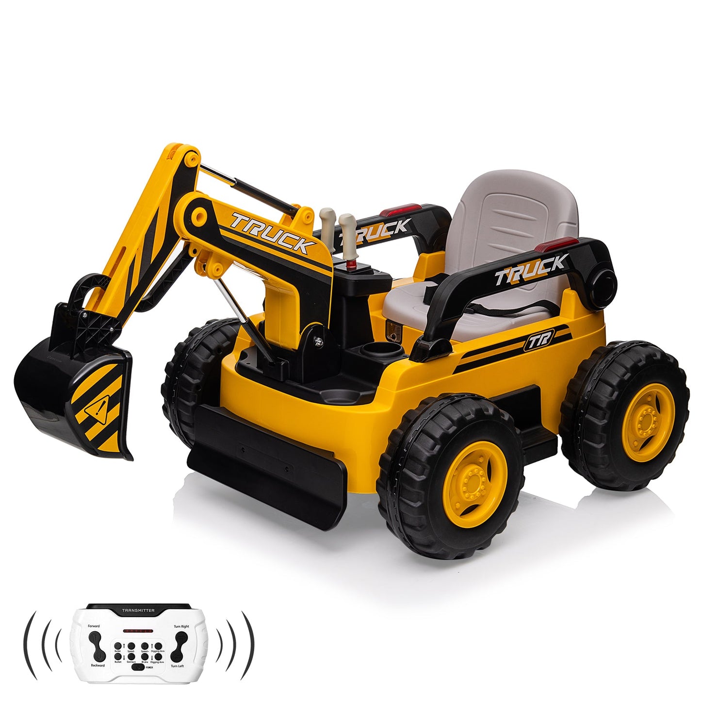 Garvee Ride - P Series: 12V Kids Ride On Excavator Digger Car with Remote Control & Electric Digging Arm with 2x35W Motors, 10Ah Large Battery, 4x75W Driving Motors,Led Tail Light, Music, USB, Ride Toy , Yellow