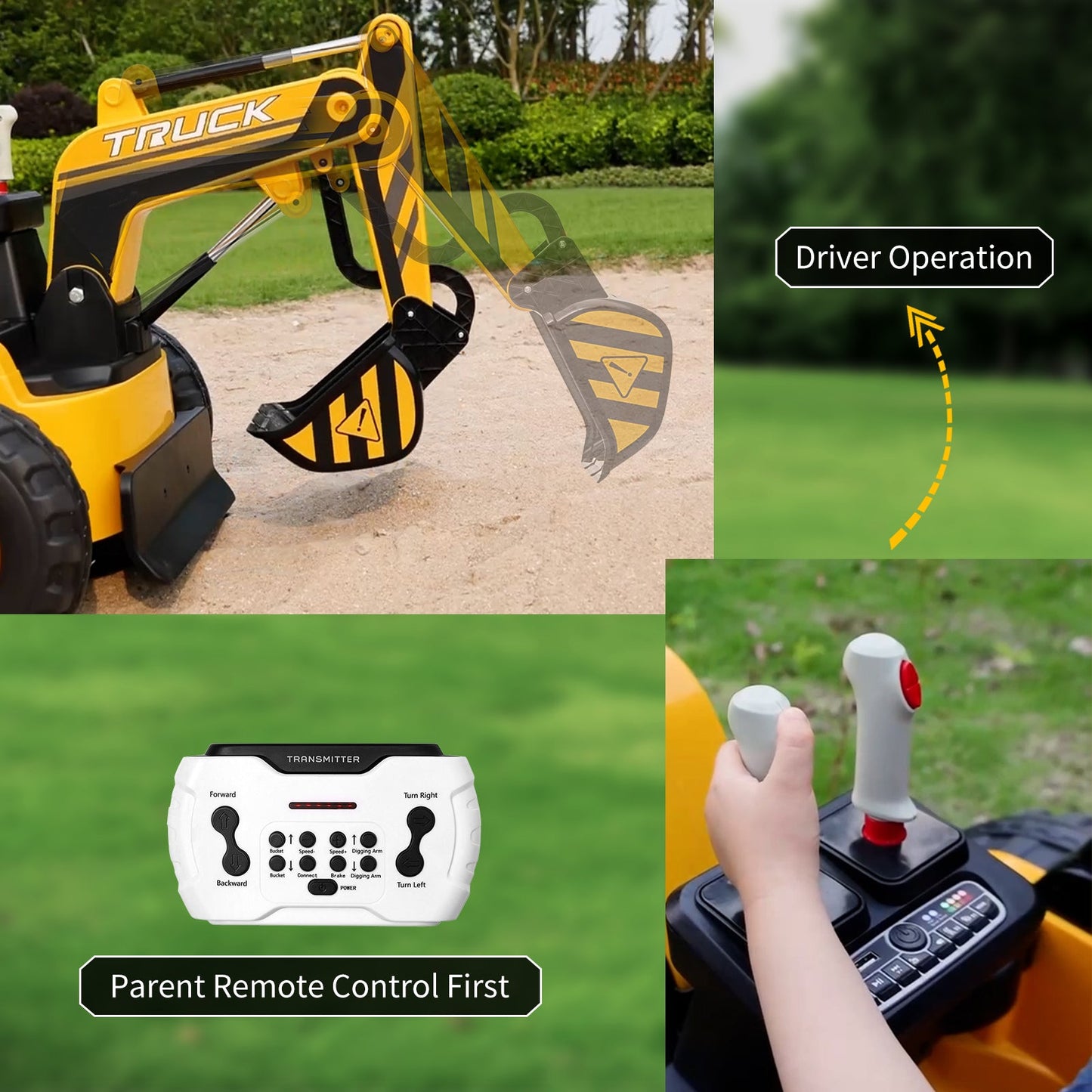 Garvee Ride - P Series: 12V Kids Ride On Excavator Digger Car with Remote Control & Electric Digging Arm with 2x35W Motors, 10Ah Large Battery, 4x75W Driving Motors,Led Tail Light, Music, USB, Ride Toy , Yellow