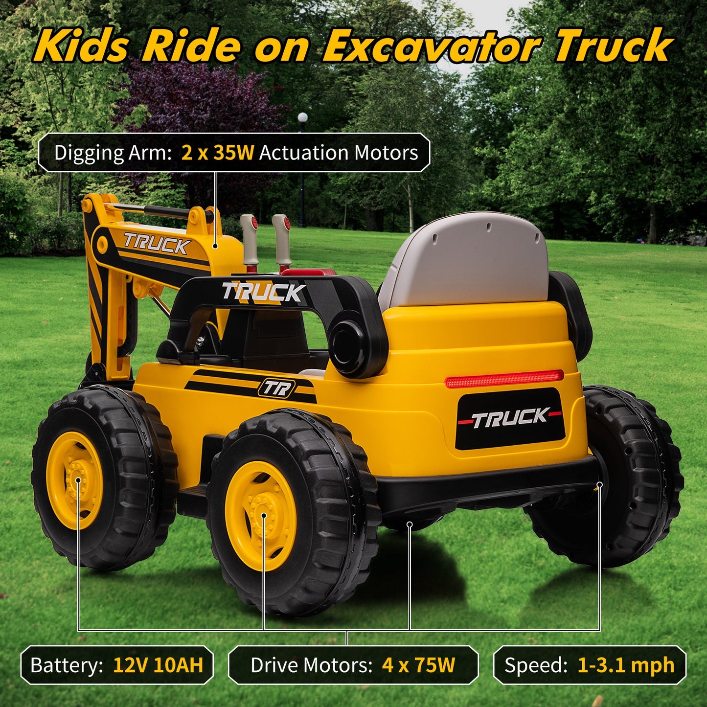 Garvee Ride - P Series: 12V Kids Ride On Excavator Digger Car with Remote Control & Electric Digging Arm with 2x35W Motors, 10Ah Large Battery, 4x75W Driving Motors,Led Tail Light, Music, USB, Ride Toy , Yellow
