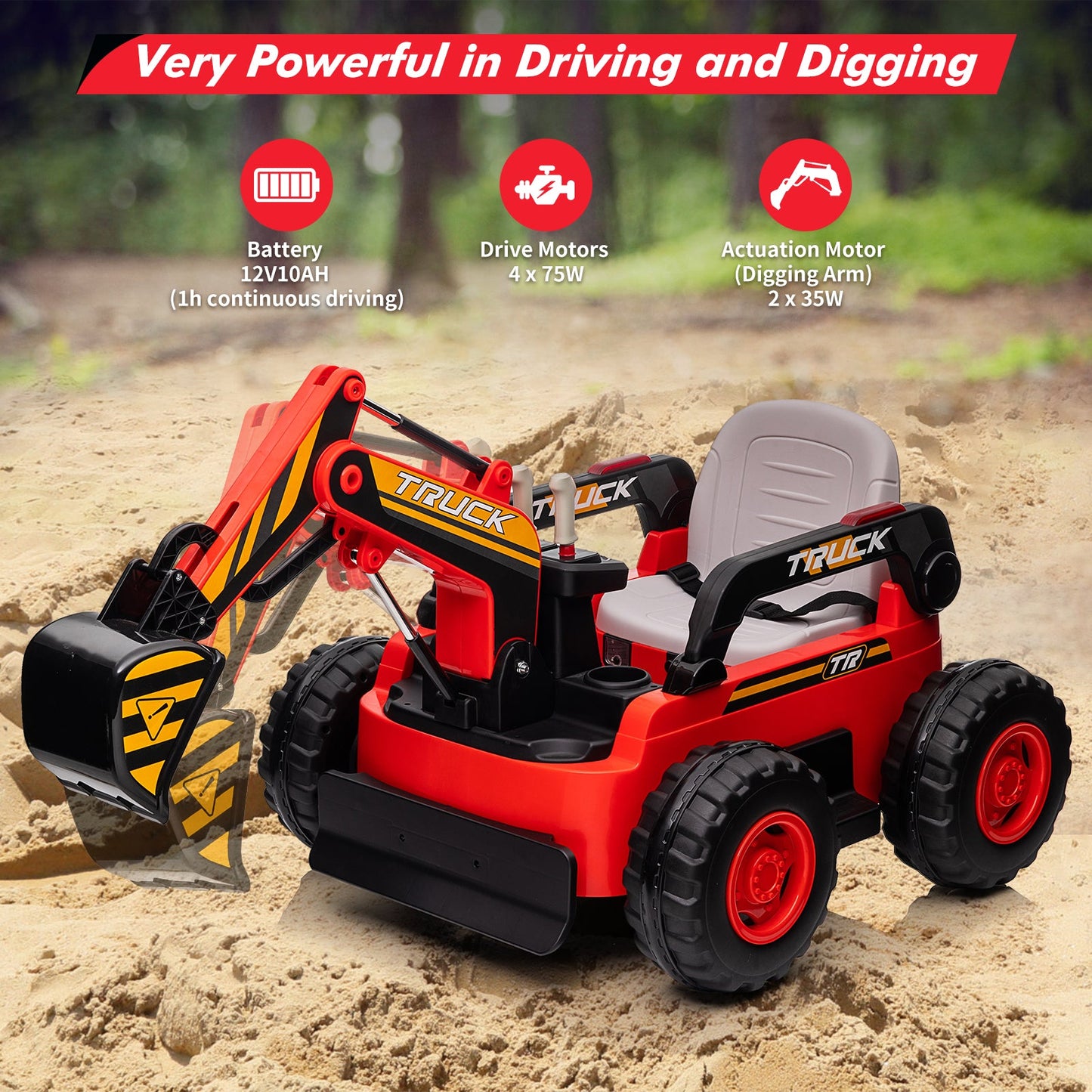 Garvee Ride - P Series: 12V Kids Ride On Excavator Digger Car with Remote Control & Electric Digging Arm with 2x35W Motors, 10Ah Large Battery, 4x75W Driving Motors,Led Tail Light, Music, USB, Ride Toy Gifts, Red