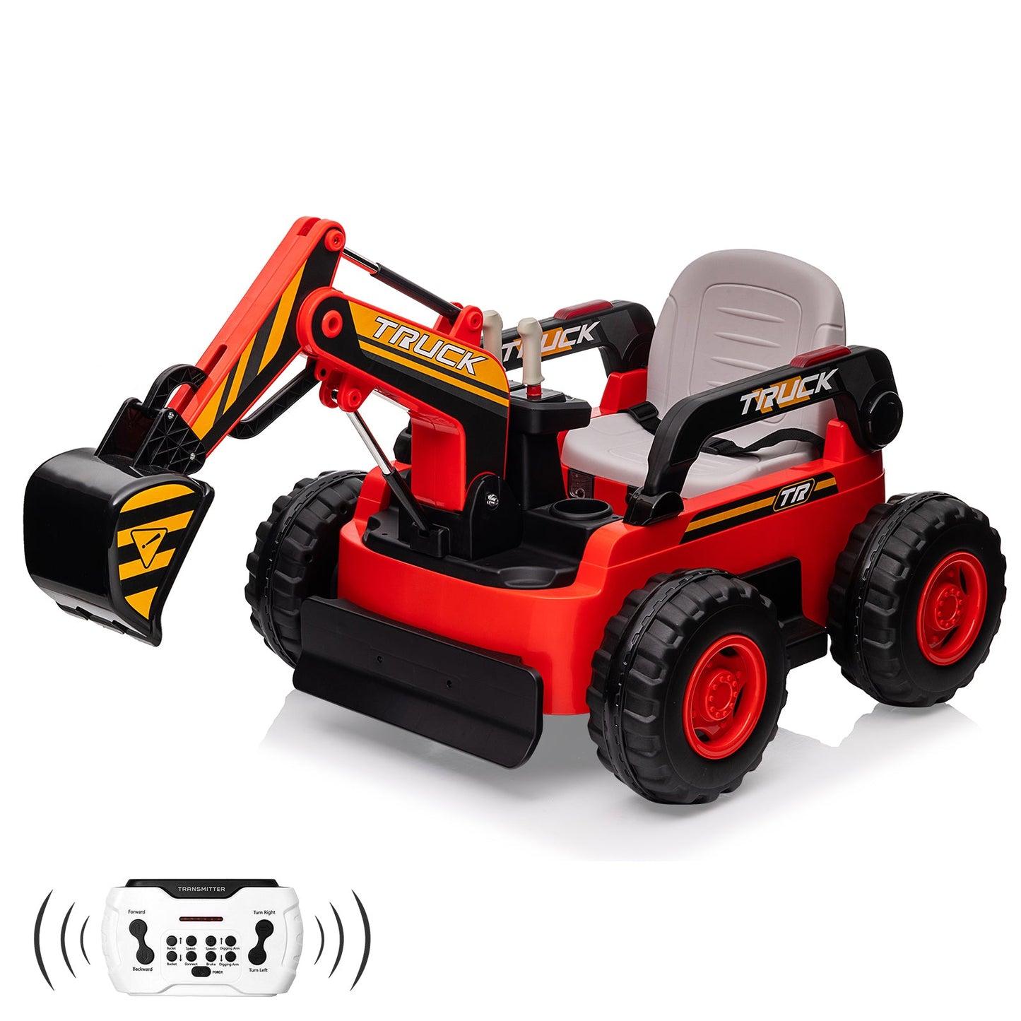 Garvee Ride - P Series: 12V Kids Ride On Excavator Digger Car with Remote Control & Electric Digging Arm with 2x35W Motors, 10Ah Large Battery, 4x75W Driving Motors,Led Tail Light, Music, USB, Ride Toy Gifts, Red