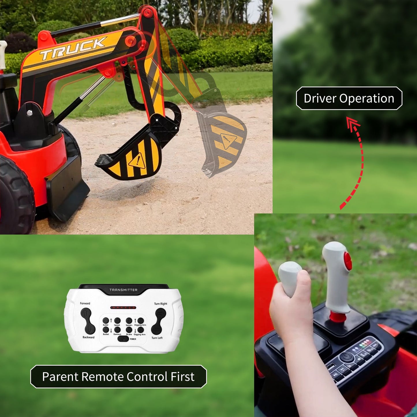 Garvee Ride - P Series: 12V Kids Ride On Excavator Digger Car with Remote Control & Electric Digging Arm with 2x35W Motors, 10Ah Large Battery, 4x75W Driving Motors,Led Tail Light, Music, USB, Ride Toy Gifts, Red