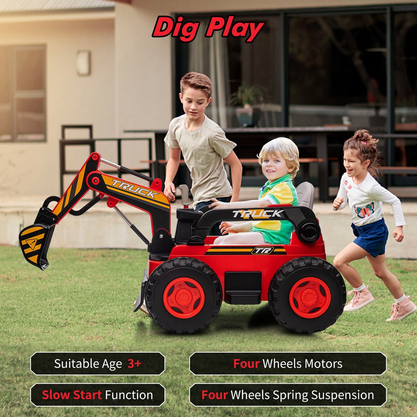 Garvee Ride - P Series: 12V Kids Ride On Excavator Digger Car with Remote Control & Electric Digging Arm with 2x35W Motors, 10Ah Large Battery, 4x75W Driving Motors,Led Tail Light, Music, USB, Ride Toy Gifts, Red