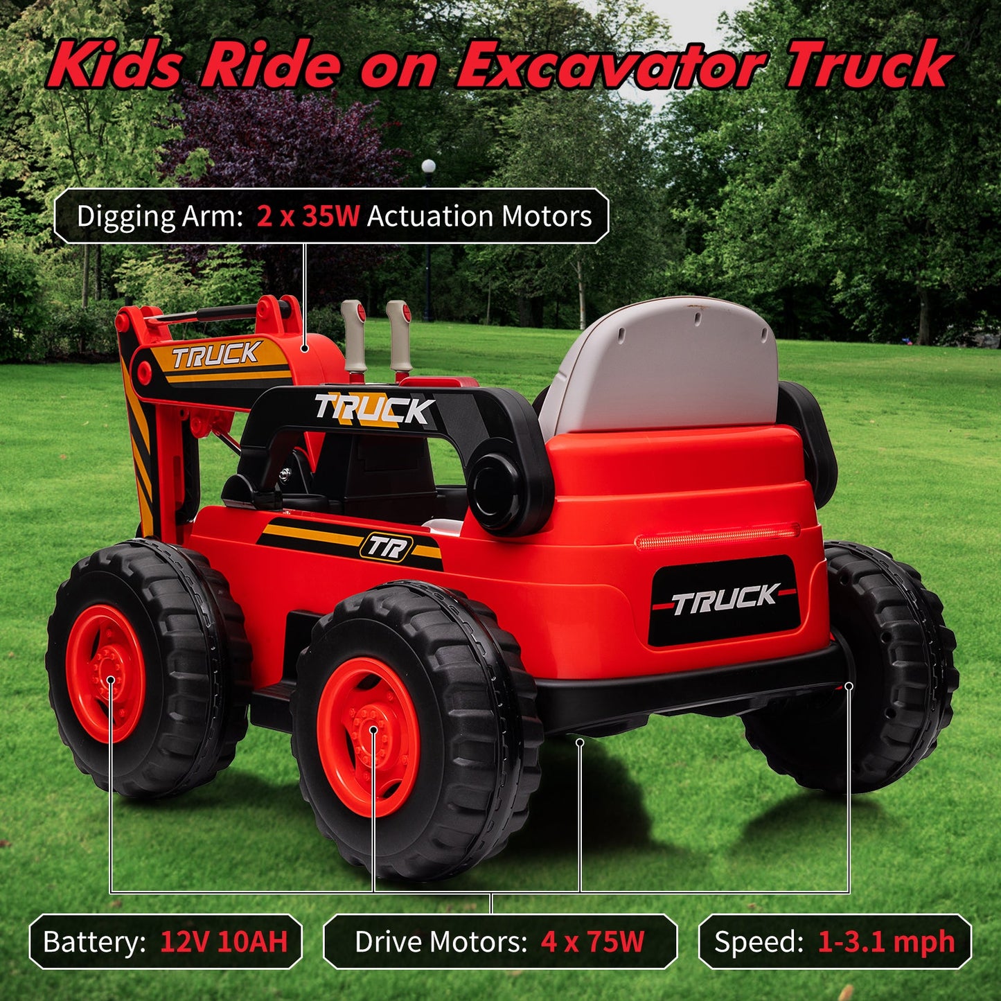 Garvee Ride - P Series: 12V Kids Ride On Excavator Digger Car with Remote Control & Electric Digging Arm with 2x35W Motors, 10Ah Large Battery, 4x75W Driving Motors,Led Tail Light, Music, USB, Ride Toy Gifts, Red