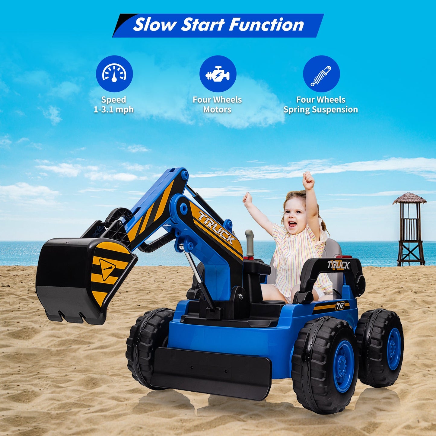 Garvee Ride - P Series: 12V Kids Ride On Excavator Digger Car with Remote Control & Electric Digging Arm with 2x35W Motors, 10Ah Large Battery, 4x75W Driving Motors,Led Tail Light, Music, USB, Ride Toy , Blue