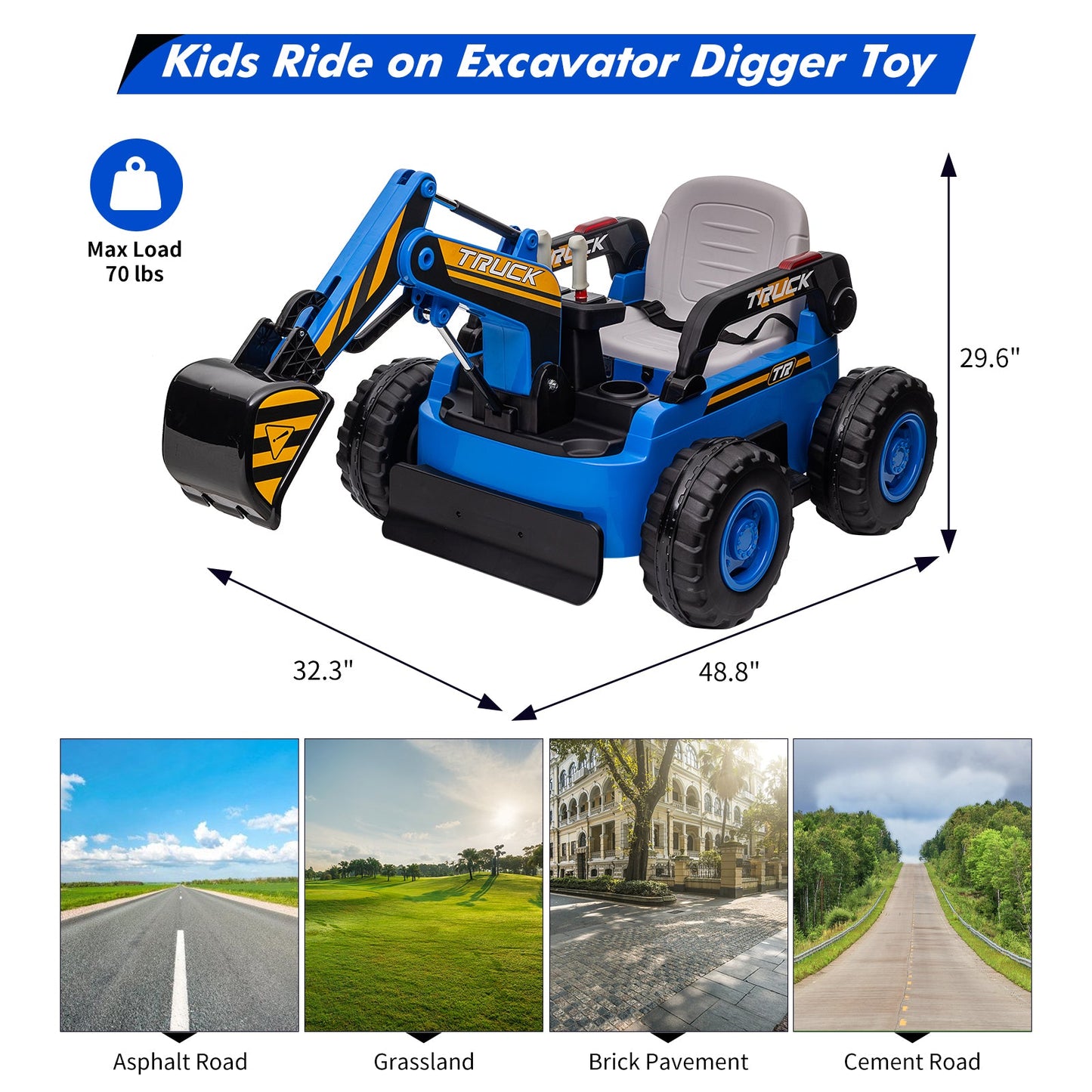 Garvee Ride - P Series: 12V Kids Ride On Excavator Digger Car with Remote Control & Electric Digging Arm with 2x35W Motors, 10Ah Large Battery, 4x75W Driving Motors,Led Tail Light, Music, USB, Ride Toy , Blue