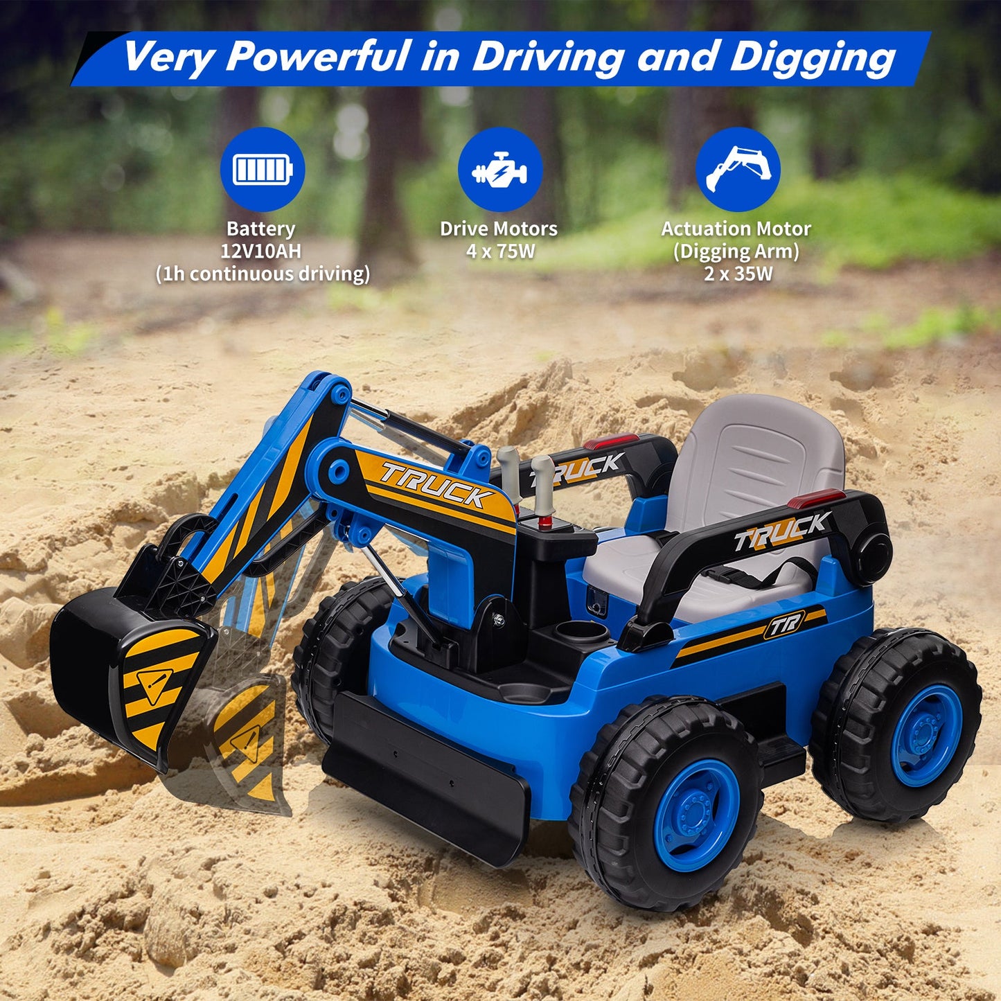 Garvee Ride - P Series: 12V Kids Ride On Excavator Digger Car with Remote Control & Electric Digging Arm with 2x35W Motors, 10Ah Large Battery, 4x75W Driving Motors,Led Tail Light, Music, USB, Ride Toy , Blue