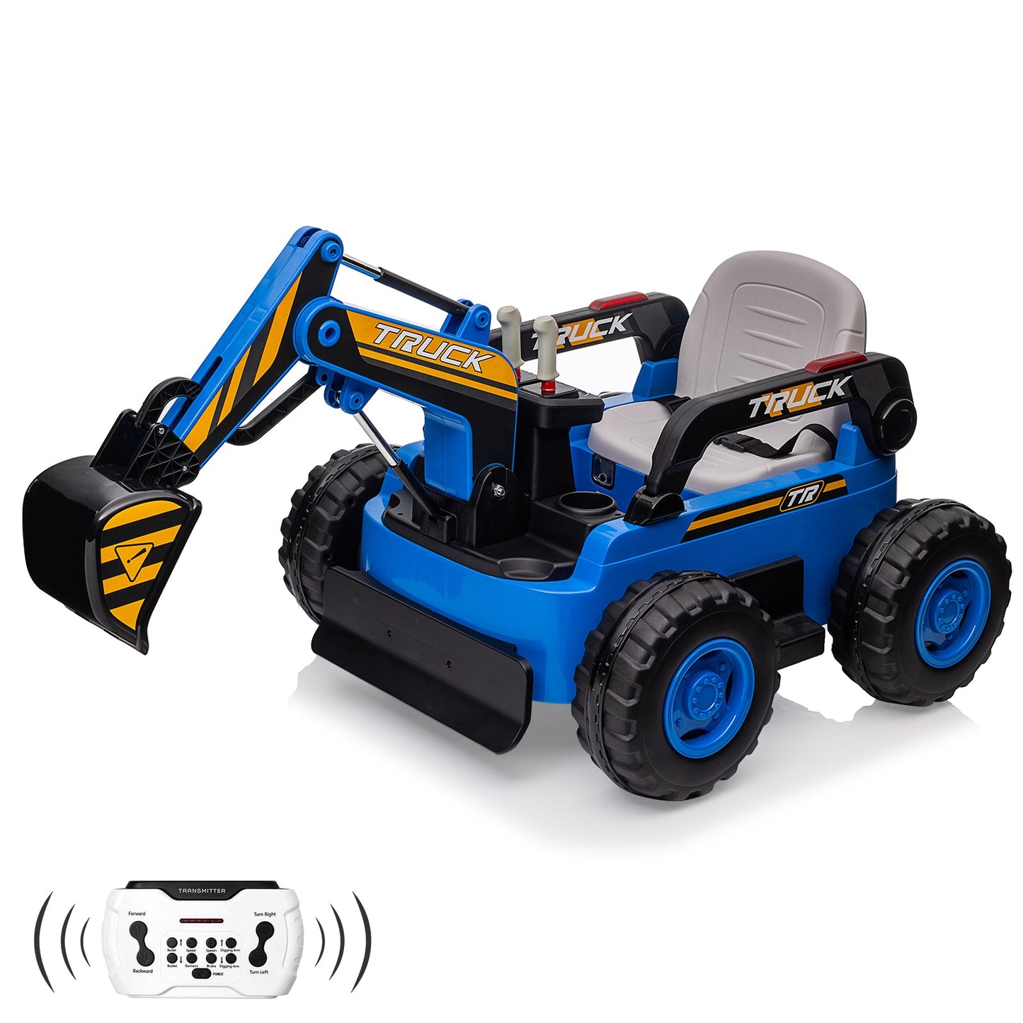 Garvee Ride - P Series: 12V Kids Ride On Excavator Digger Car with Remote Control & Electric Digging Arm with 2x35W Motors, 10Ah Large Battery, 4x75W Driving Motors,Led Tail Light, Music, USB, Ride Toy , Blue