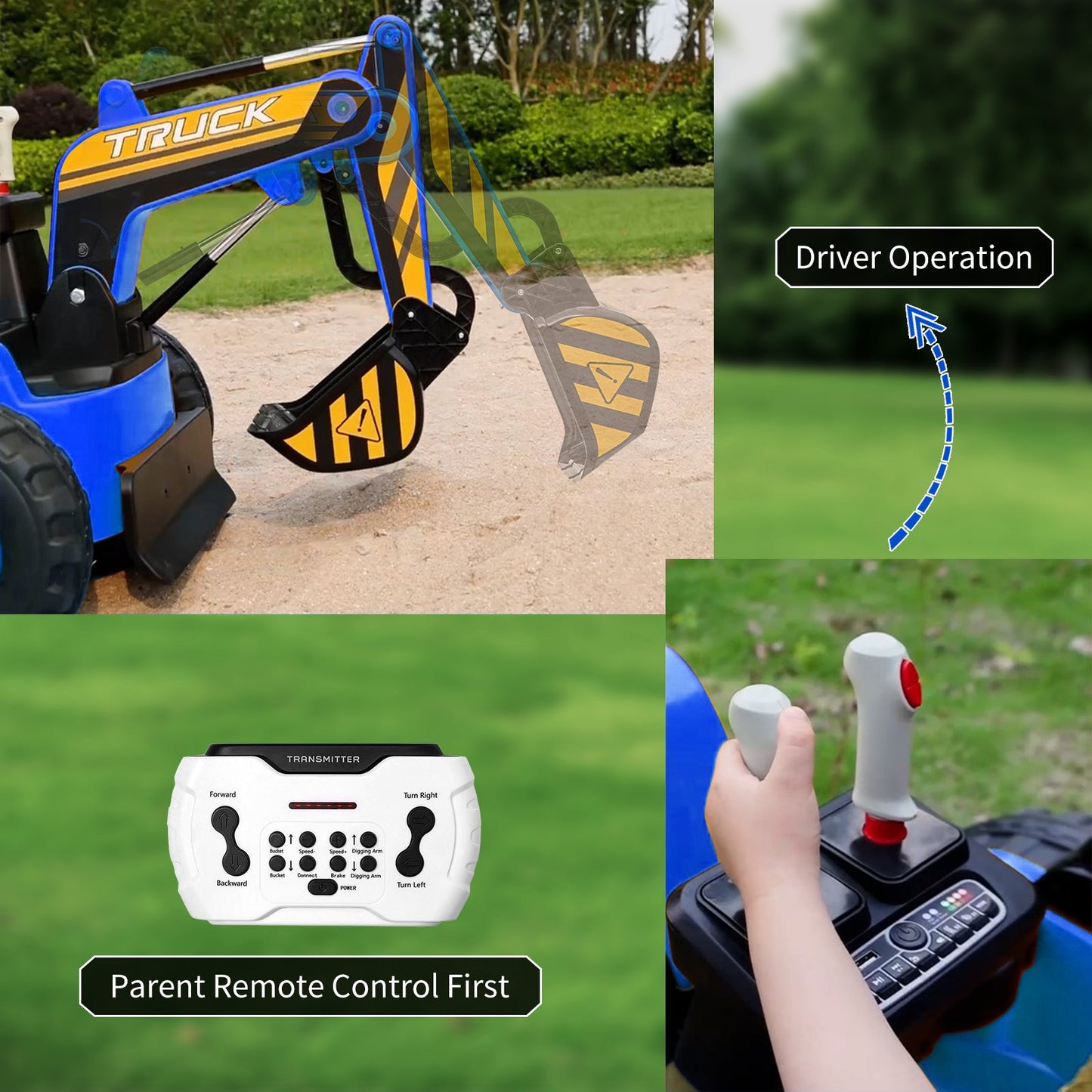 Garvee Ride - P Series: 12V Kids Ride On Excavator Digger Car with Remote Control & Electric Digging Arm with 2x35W Motors, 10Ah Large Battery, 4x75W Driving Motors,Led Tail Light, Music, USB, Ride Toy , Blue