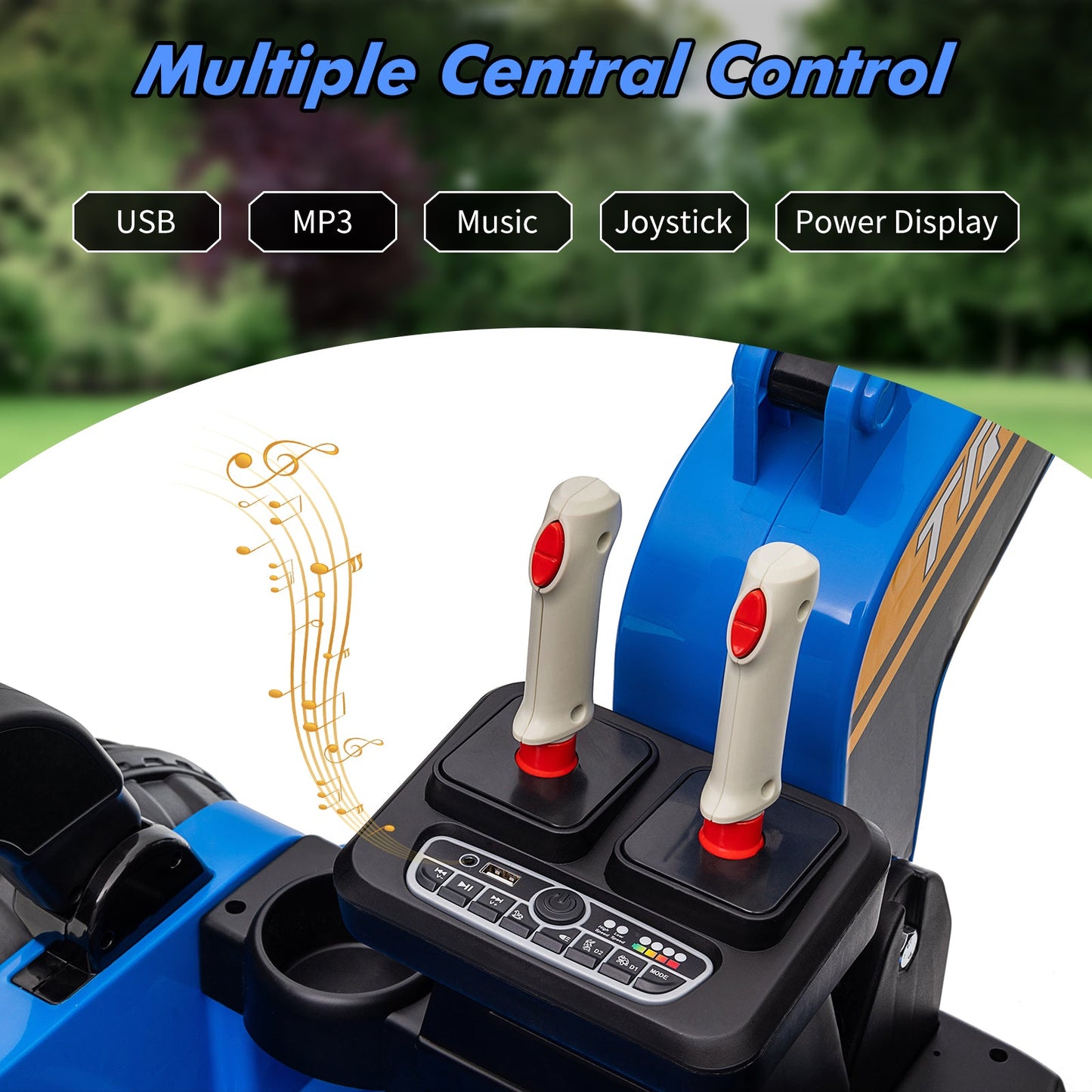 Garvee Ride - P Series: 12V Kids Ride On Excavator Digger Car with Remote Control & Electric Digging Arm with 2x35W Motors, 10Ah Large Battery, 4x75W Driving Motors,Led Tail Light, Music, USB, Ride Toy , Blue