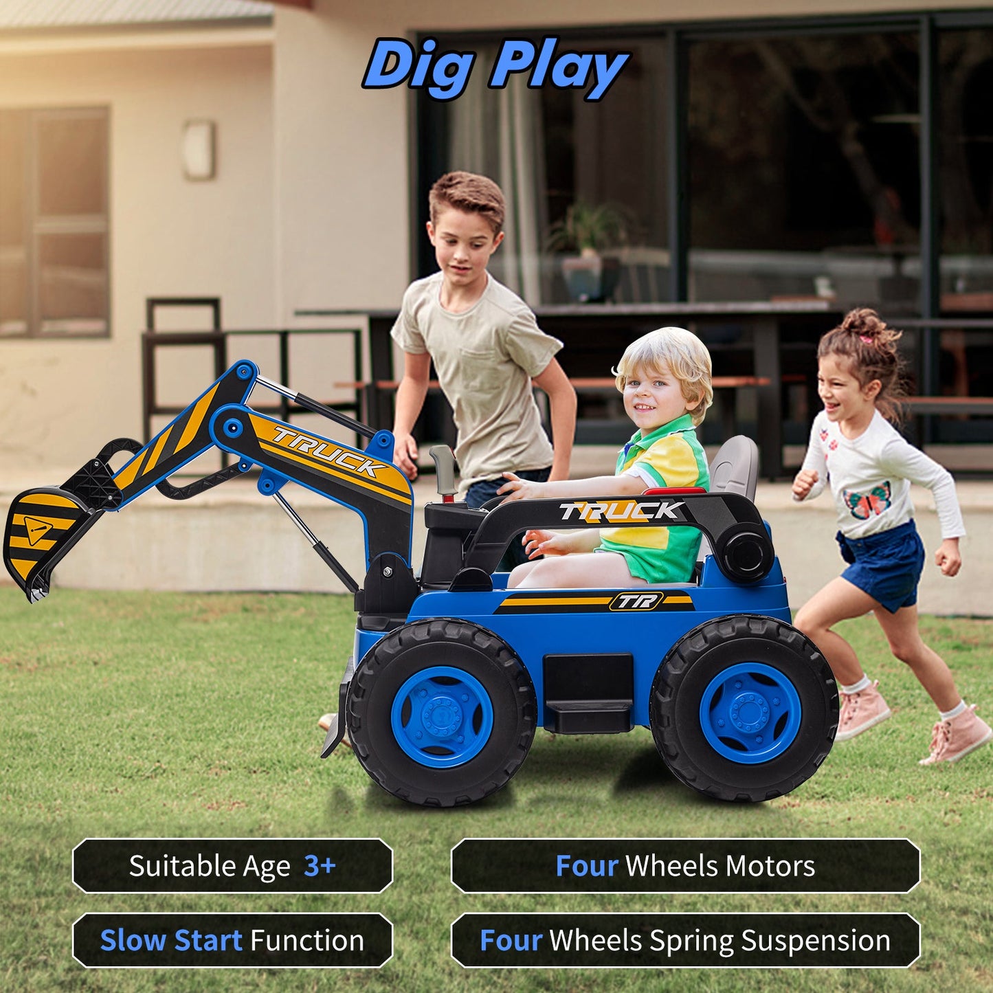 Garvee Ride - P Series: 12V Kids Ride On Excavator Digger Car with Remote Control & Electric Digging Arm with 2x35W Motors, 10Ah Large Battery, 4x75W Driving Motors,Led Tail Light, Music, USB, Ride Toy , Blue