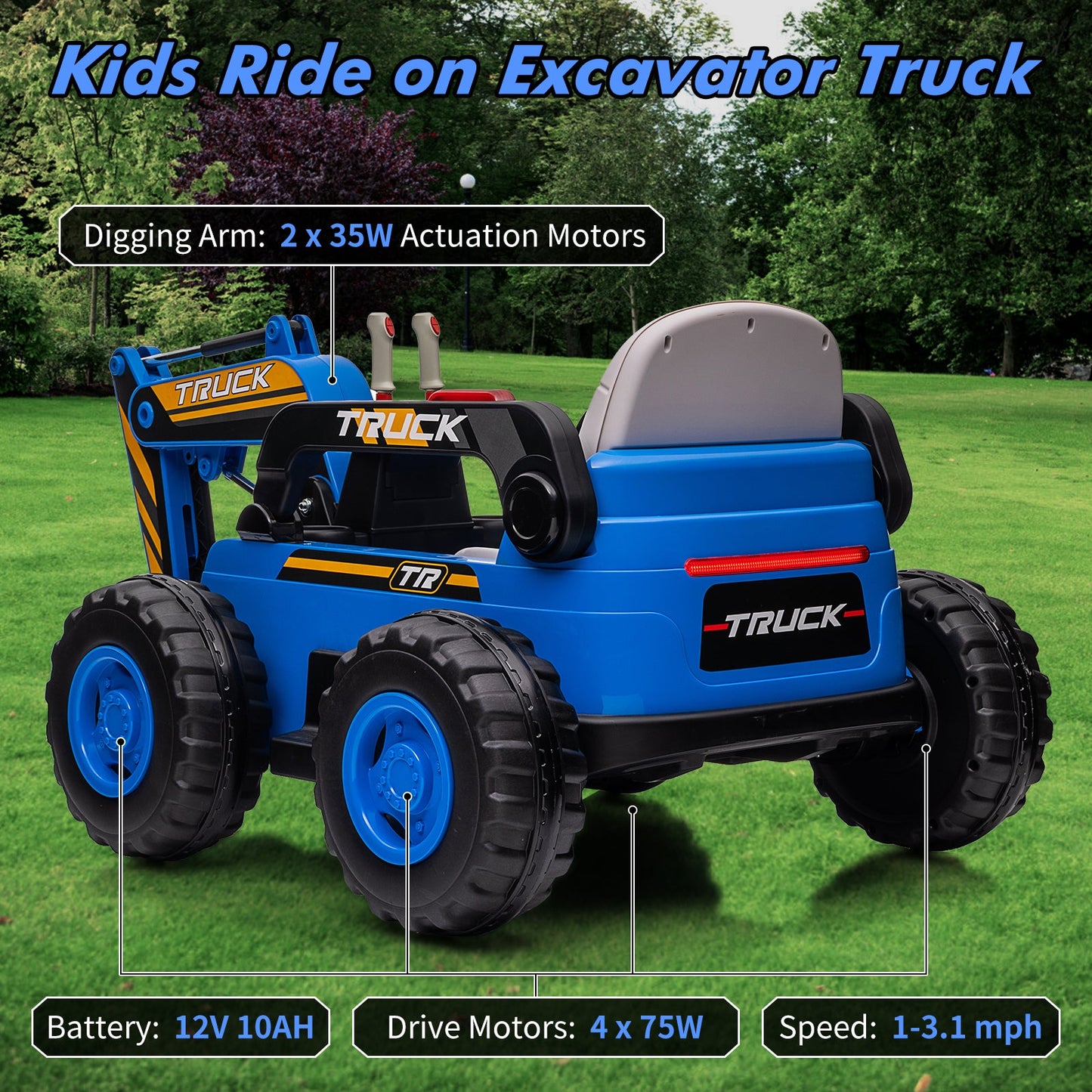 Garvee Ride - P Series: 12V Kids Ride On Excavator Digger Car with Remote Control & Electric Digging Arm with 2x35W Motors, 10Ah Large Battery, 4x75W Driving Motors,Led Tail Light, Music, USB, Ride Toy , Blue