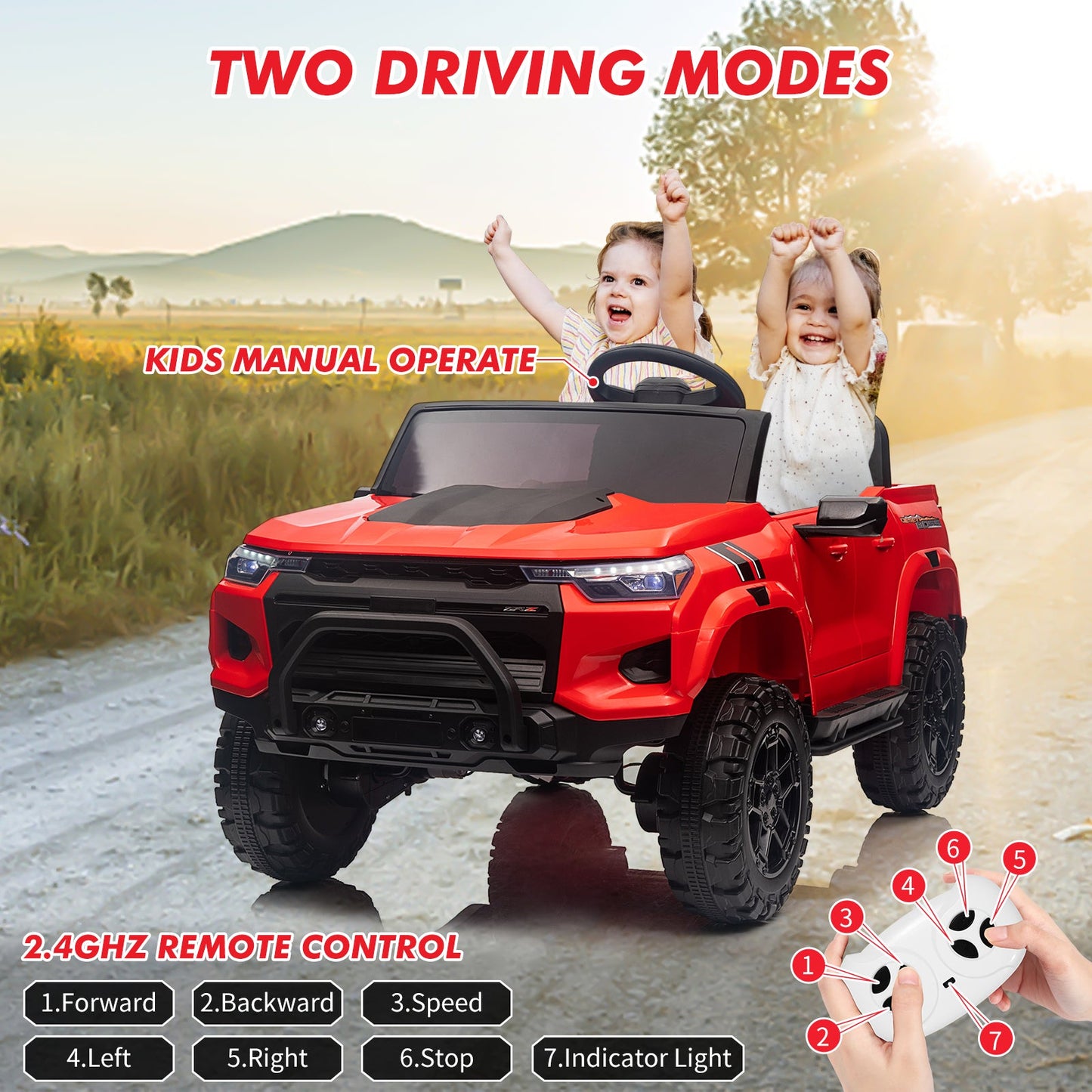 Garvee Ride - P Series: 24V Kids Ride On Car 2 Seater Electric Ride On Toy for Toddlers Battery Powered Truck Car With Remote Control, Battery Display, Handle, Trunk, LED Lights, Music (Red)