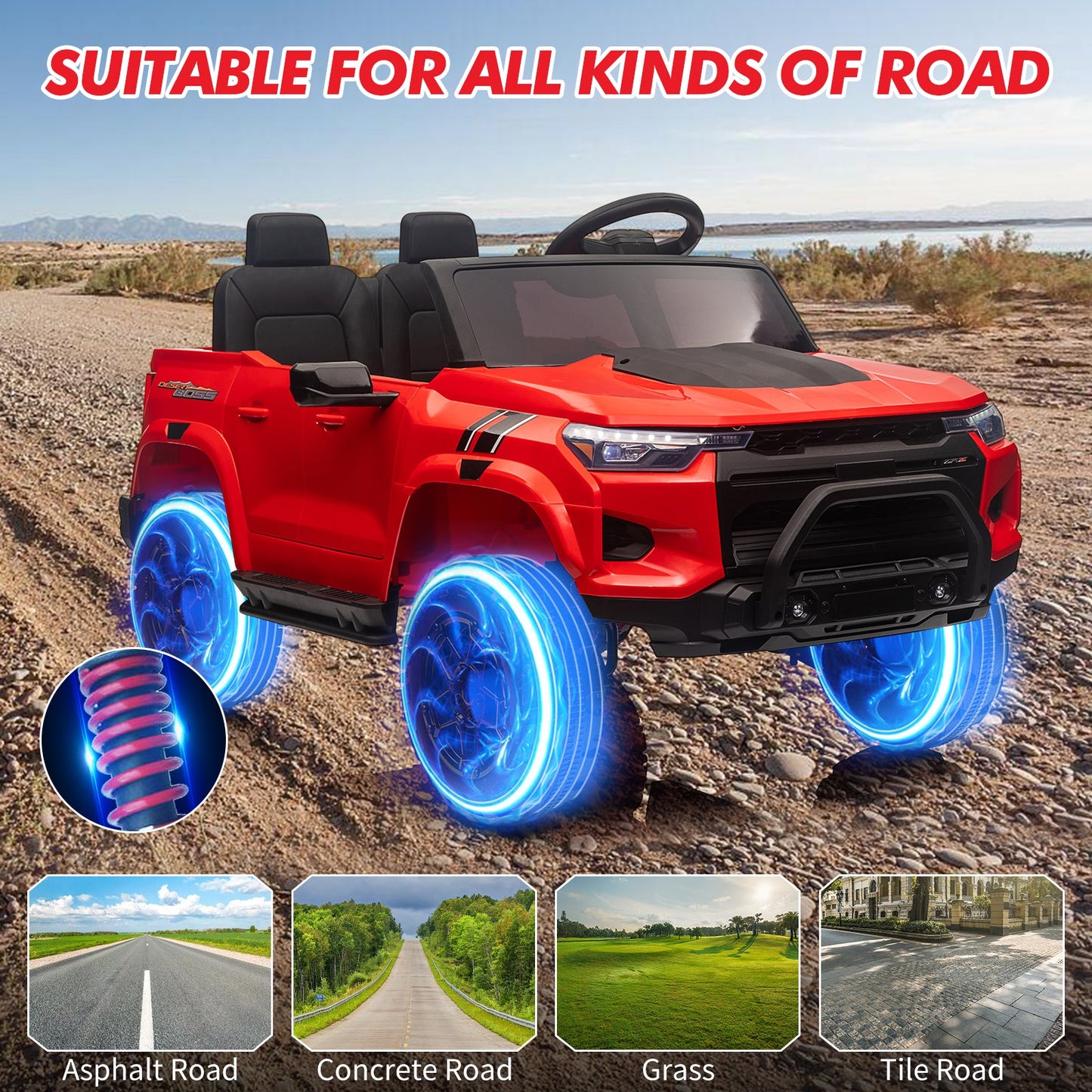 Garvee Ride - P Series: 24V Kids Ride On Car 2 Seater Electric Ride On Toy for Toddlers Battery Powered Truck Car With Remote Control, Battery Display, Handle, Trunk, LED Lights, Music (Red)