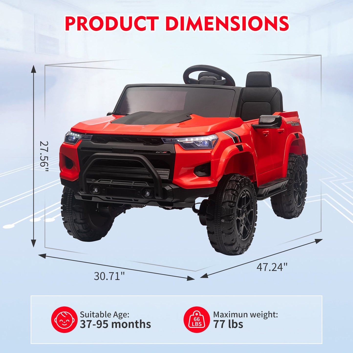 Garvee Ride - P Series: 24V Kids Ride On Car 2 Seater Electric Ride On Toy for Toddlers Battery Powered Truck Car With Remote Control, Battery Display, Handle, Trunk, LED Lights, Music (Red)