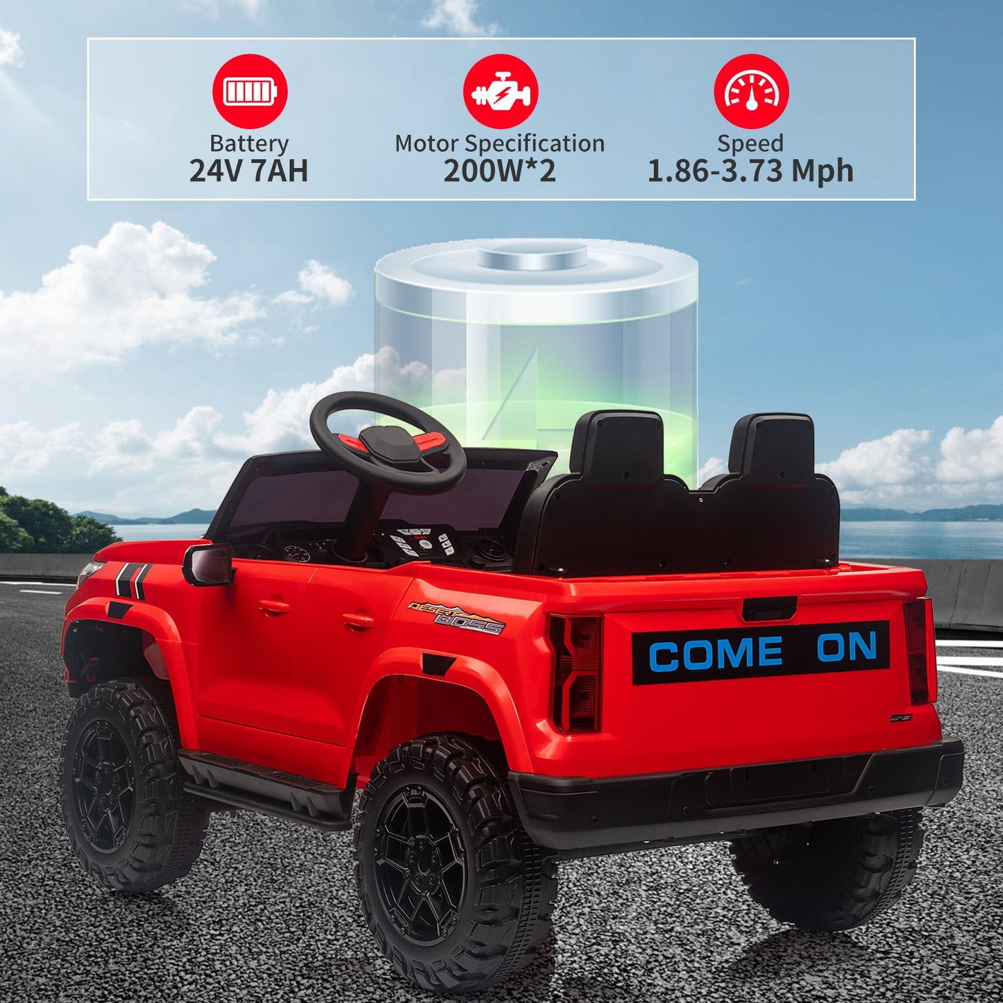 Garvee Ride - P Series: 24V Kids Ride On Car 2 Seater Electric Ride On Toy for Toddlers Battery Powered Truck Car With Remote Control, Battery Display, Handle, Trunk, LED Lights, Music (Red)