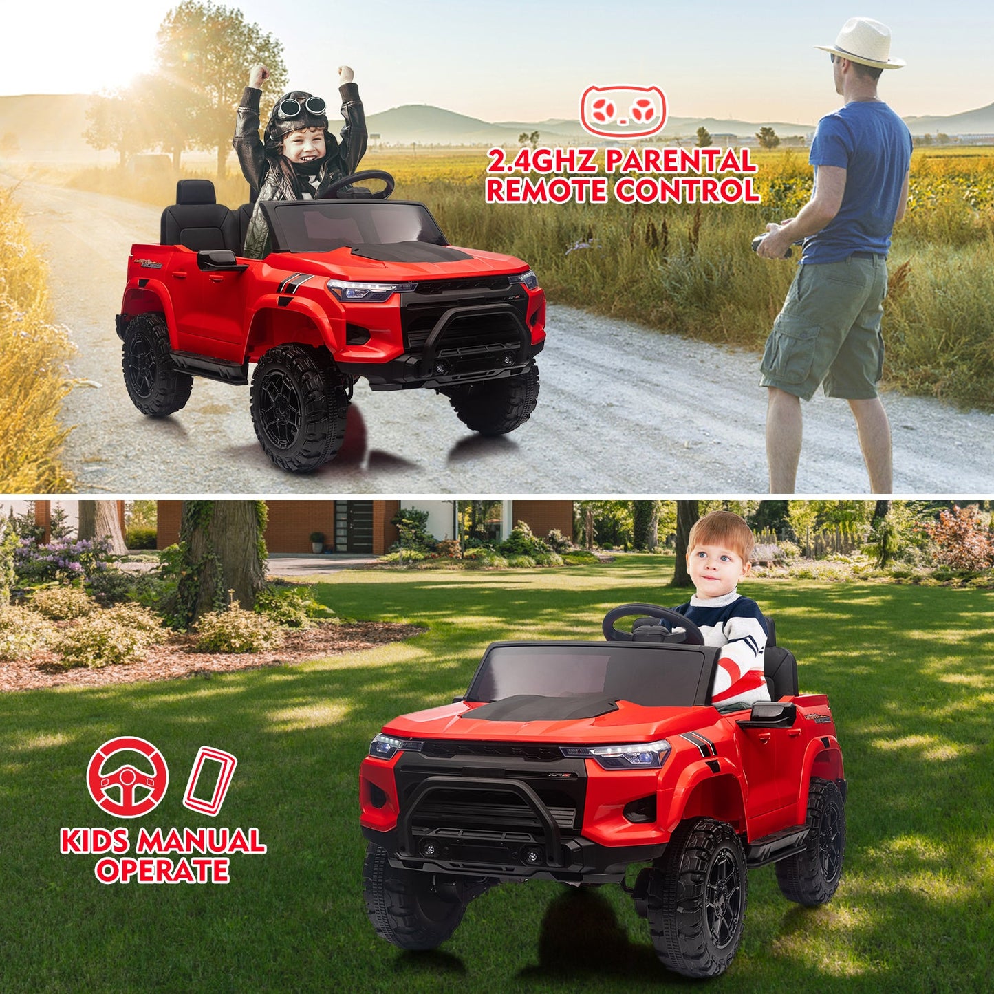 Garvee Ride - P Series: 24V Kids Ride On Car 2 Seater Electric Ride On Toy for Toddlers Battery Powered Truck Car With Remote Control, Battery Display, Handle, Trunk, LED Lights, Music (Red)