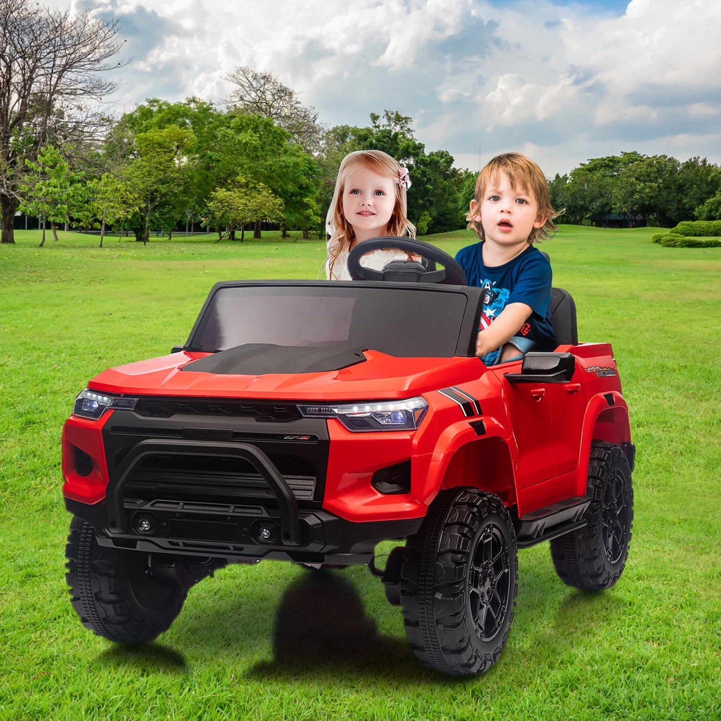 Garvee Ride - P Series: 24V Kids Ride On Car 2 Seater Electric Ride On Toy for Toddlers Battery Powered Truck Car With Remote Control, Battery Display, Handle, Trunk, LED Lights, Music (Red)