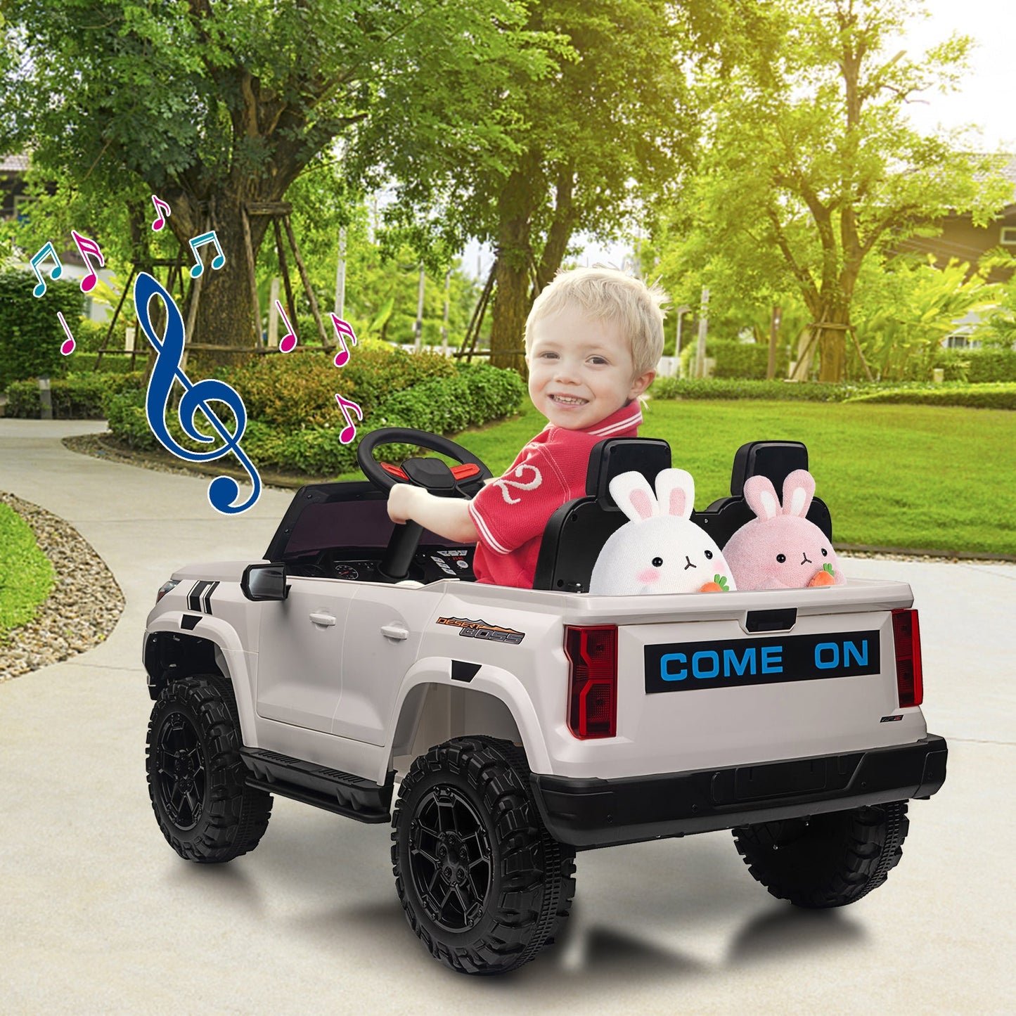 Garvee Ride - P Series: 24V Kids Ride On Car 2 Seater Electric Ride On Toy for Toddlers Battery Powered Truck Car With Remote Control, Battery Display, Handle, Trunk, LED Lights, Music (White)
