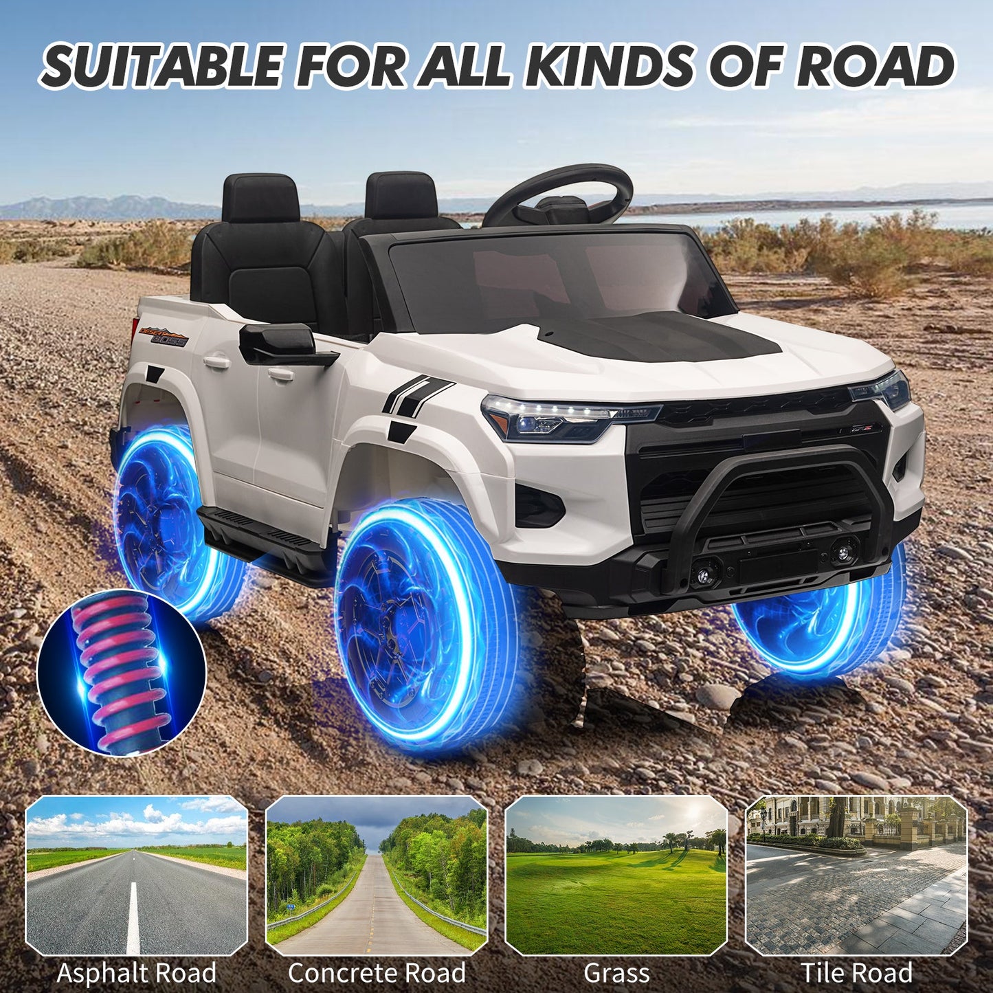 Garvee Ride - P Series: 24V Kids Ride On Car 2 Seater Electric Ride On Toy for Toddlers Battery Powered Truck Car With Remote Control, Battery Display, Handle, Trunk, LED Lights, Music (White)