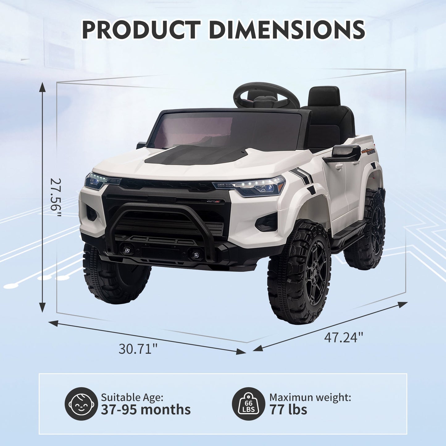 Garvee Ride - P Series: 24V Kids Ride On Car 2 Seater Electric Ride On Toy for Toddlers Battery Powered Truck Car With Remote Control, Battery Display, Handle, Trunk, LED Lights, Music (White)