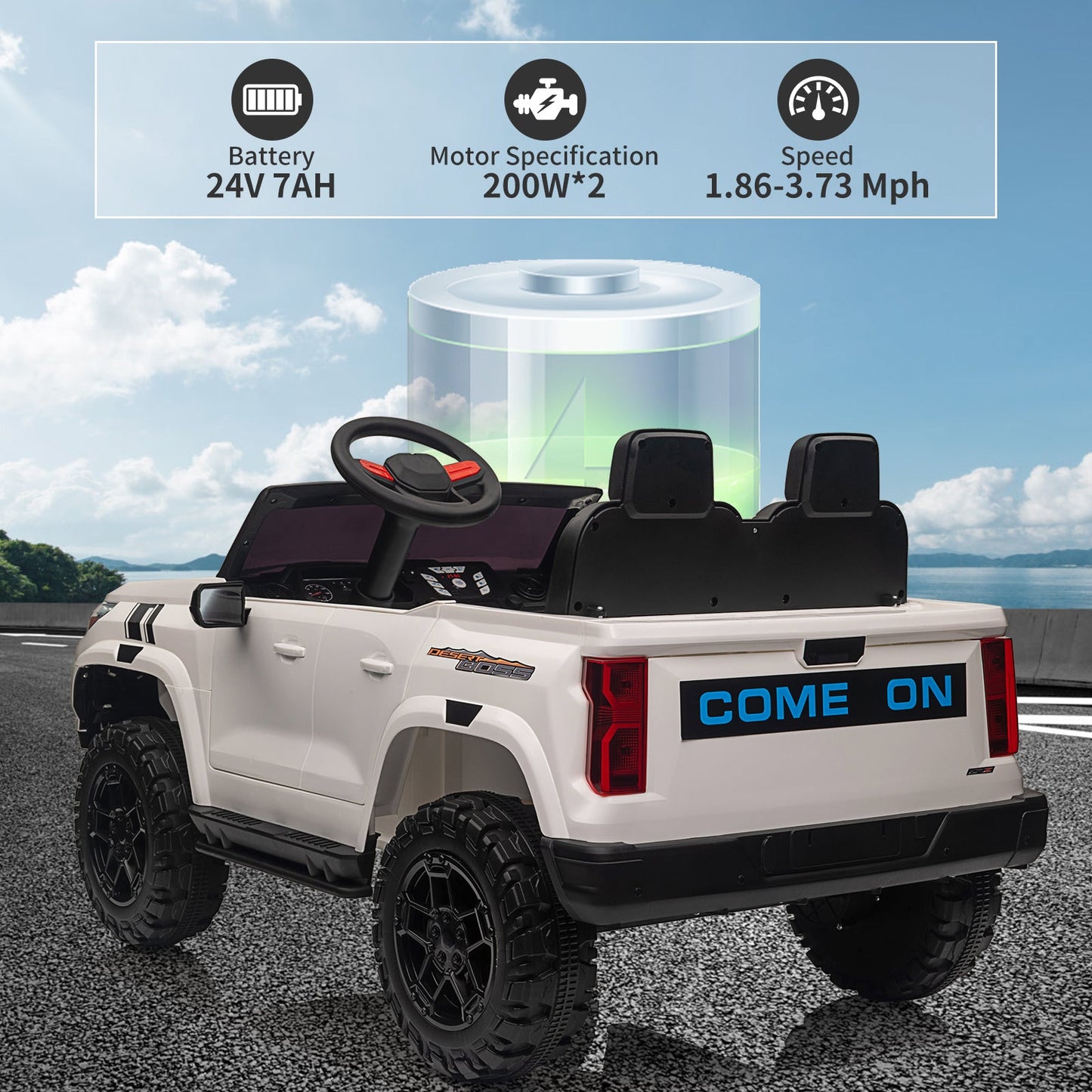 Garvee Ride - P Series: 24V Kids Ride On Car 2 Seater Electric Ride On Toy for Toddlers Battery Powered Truck Car With Remote Control, Battery Display, Handle, Trunk, LED Lights, Music (White)