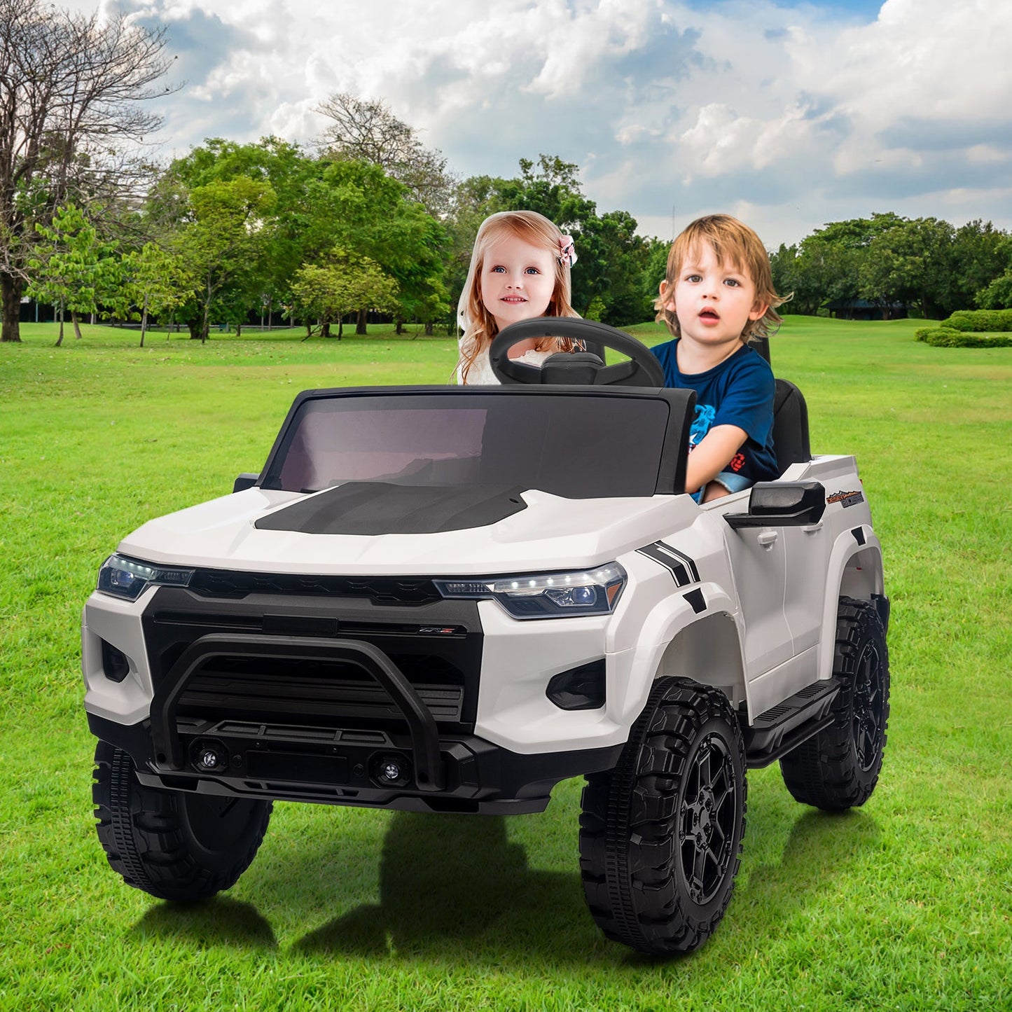 Garvee Ride - P Series: 24V Kids Ride On Car 2 Seater Electric Ride On Toy for Toddlers Battery Powered Truck Car With Remote Control, Battery Display, Handle, Trunk, LED Lights, Music (White)