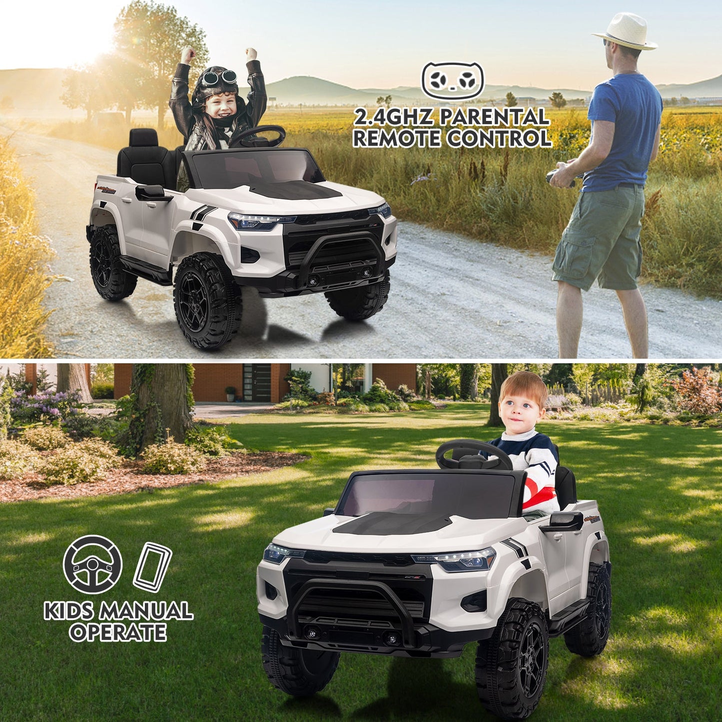 Garvee Ride - P Series: 24V Kids Ride On Car 2 Seater Electric Ride On Toy for Toddlers Battery Powered Truck Car With Remote Control, Battery Display, Handle, Trunk, LED Lights, Music (White)