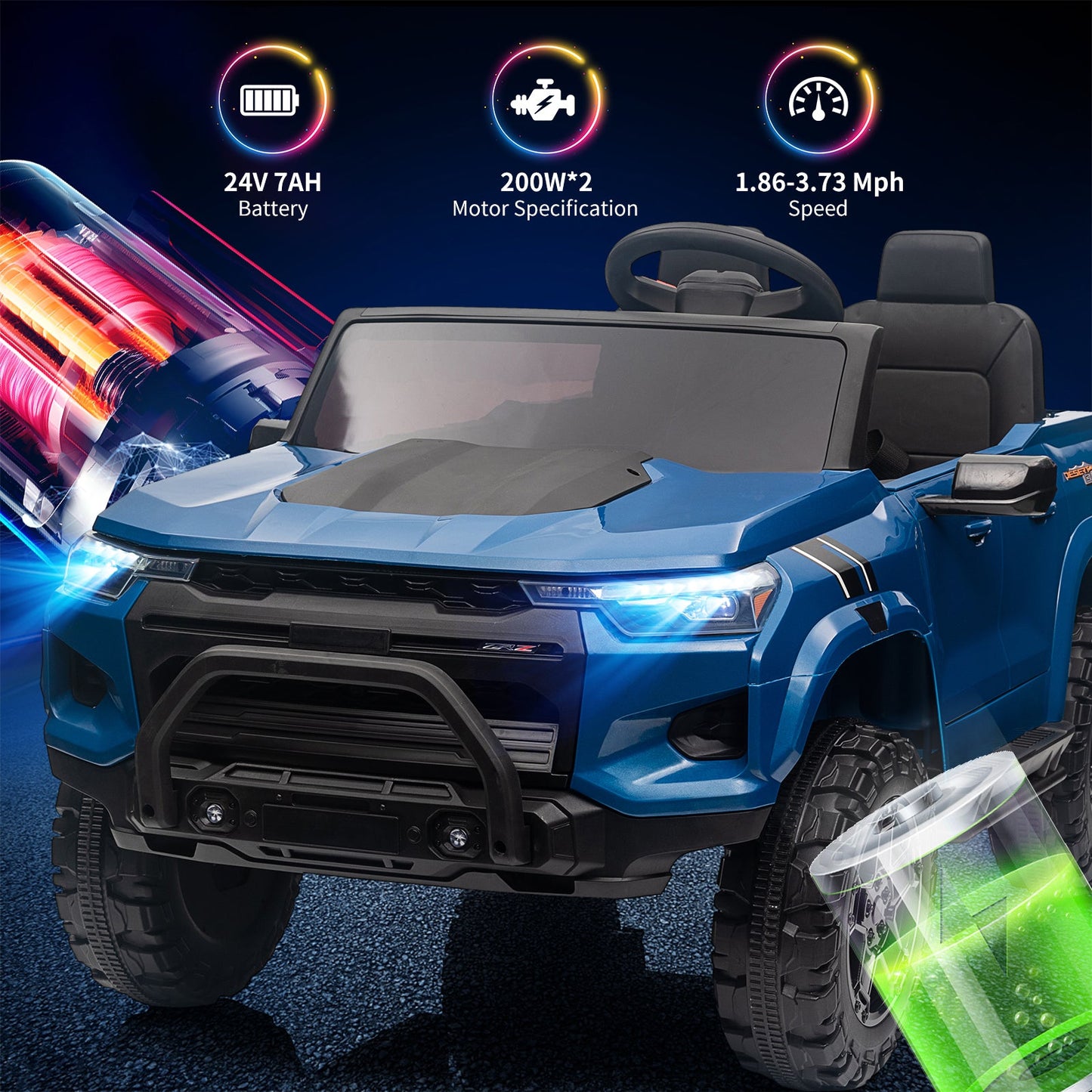 Garvee Ride - P Series: 24V Kids Ride On Car 2 Seater Electric Ride On Toy for Toddlers Battery Powered Truck Car With Remote Control, Battery Display, Handle, Trunk, LED Lights, Music (Blue)