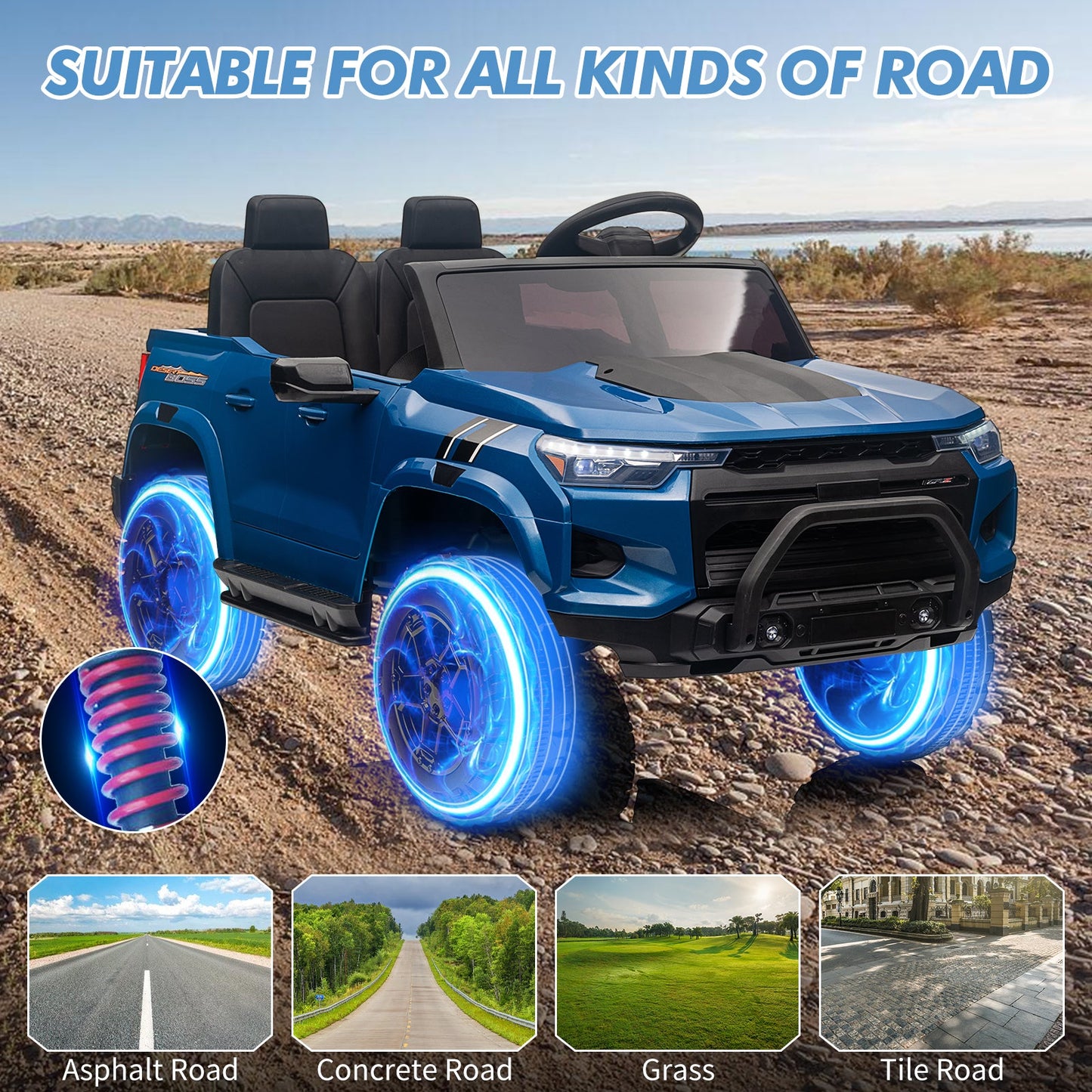 Garvee Ride - P Series: 24V Kids Ride On Car 2 Seater Electric Ride On Toy for Toddlers Battery Powered Truck Car With Remote Control, Battery Display, Handle, Trunk, LED Lights, Music (Blue)