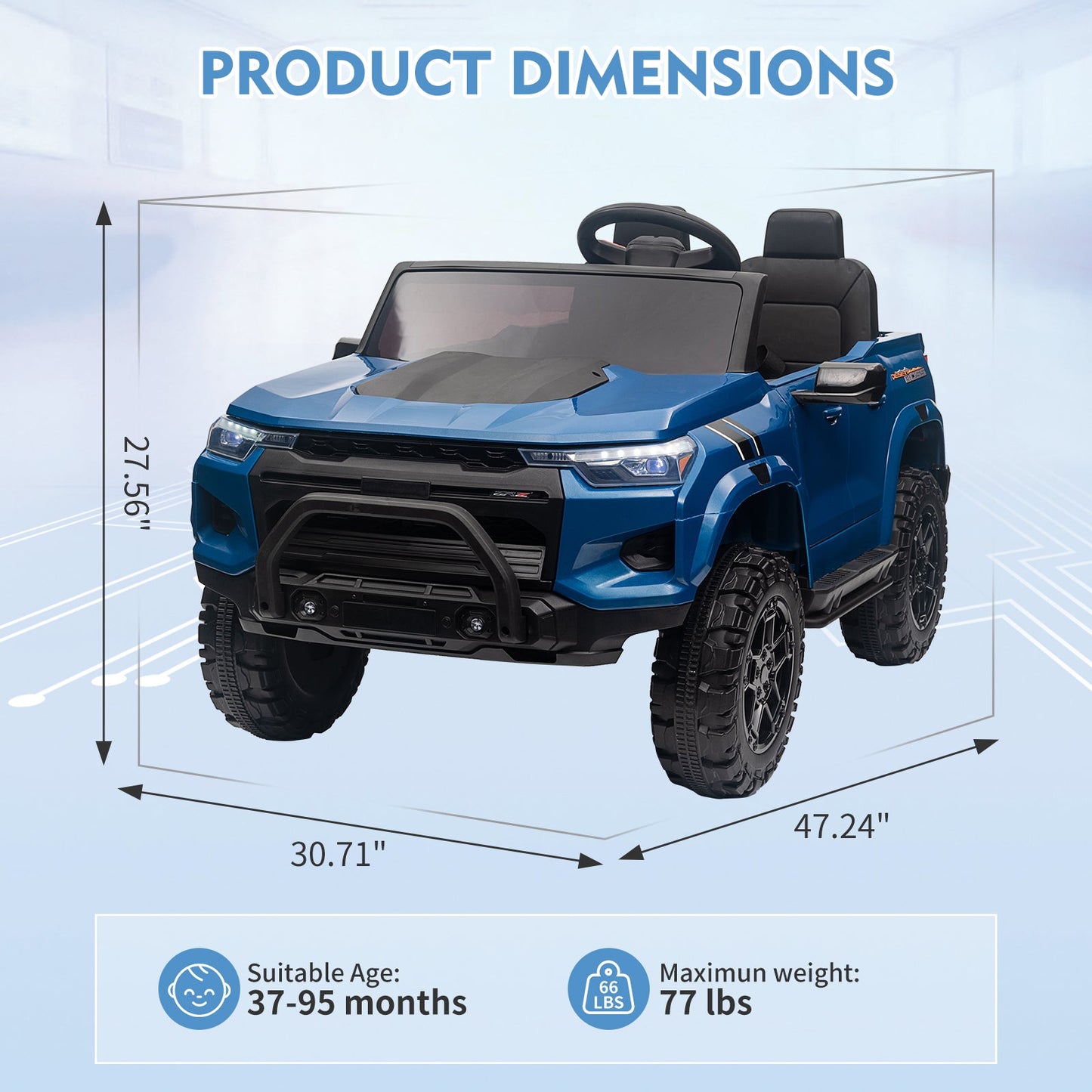 Garvee Ride - P Series: 24V Kids Ride On Car 2 Seater Electric Ride On Toy for Toddlers Battery Powered Truck Car With Remote Control, Battery Display, Handle, Trunk, LED Lights, Music (Blue)
