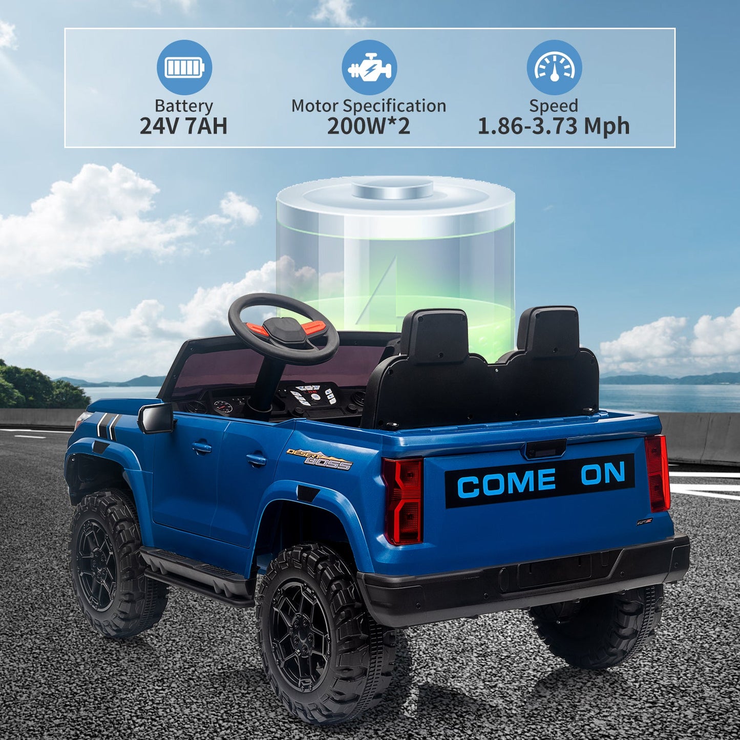 Garvee Ride - P Series: 24V Kids Ride On Car 2 Seater Electric Ride On Toy for Toddlers Battery Powered Truck Car With Remote Control, Battery Display, Handle, Trunk, LED Lights, Music (Blue)