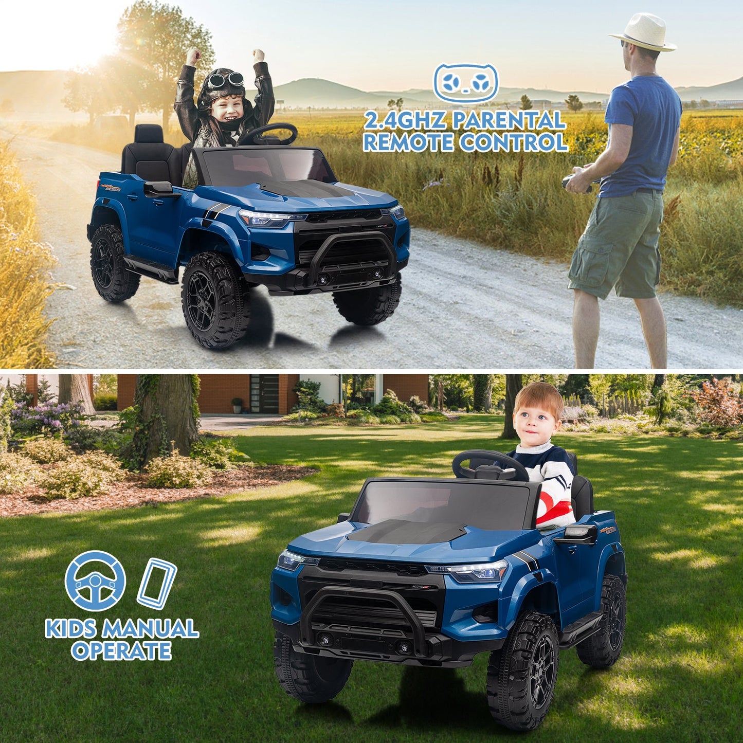 Garvee Ride - P Series: 24V Kids Ride On Car 2 Seater Electric Ride On Toy for Toddlers Battery Powered Truck Car With Remote Control, Battery Display, Handle, Trunk, LED Lights, Music (Blue)