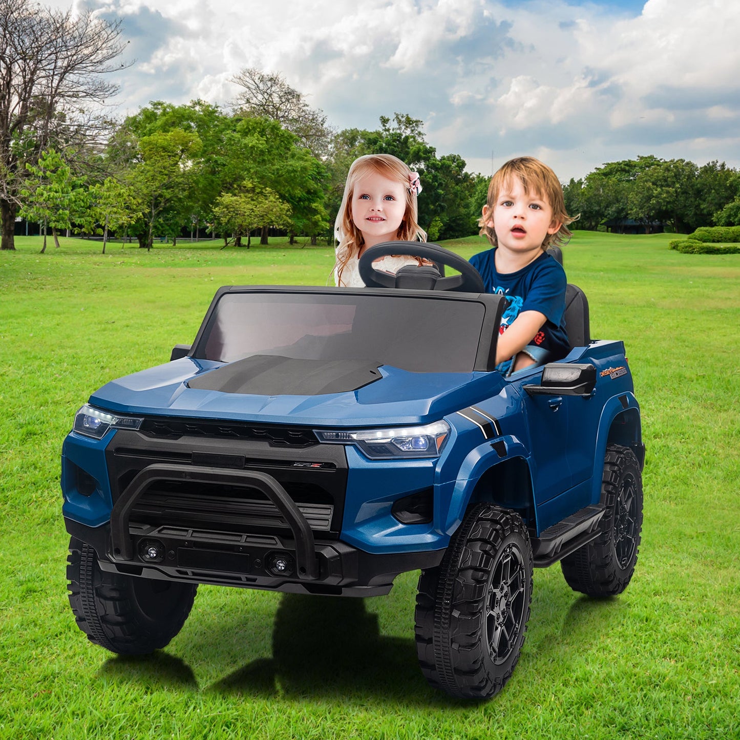 Garvee Ride - P Series: 24V Kids Ride On Car 2 Seater Electric Ride On Toy for Toddlers Battery Powered Truck Car With Remote Control, Battery Display, Handle, Trunk, LED Lights, Music (Blue)