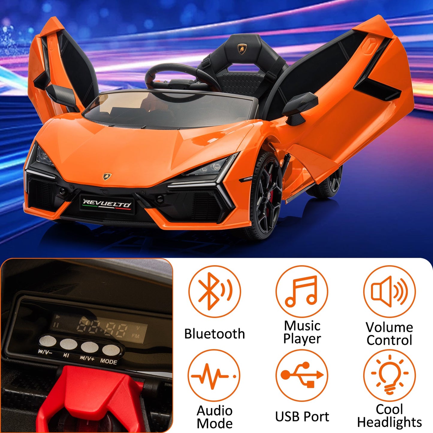 Garvee Ride - P Series: 12V Ride On Car for Kids, Licensed Revuelto Electric Vehicle, Battery Powered Sports Car Toy for Boys & Girls, with Bluetooth, Usb
