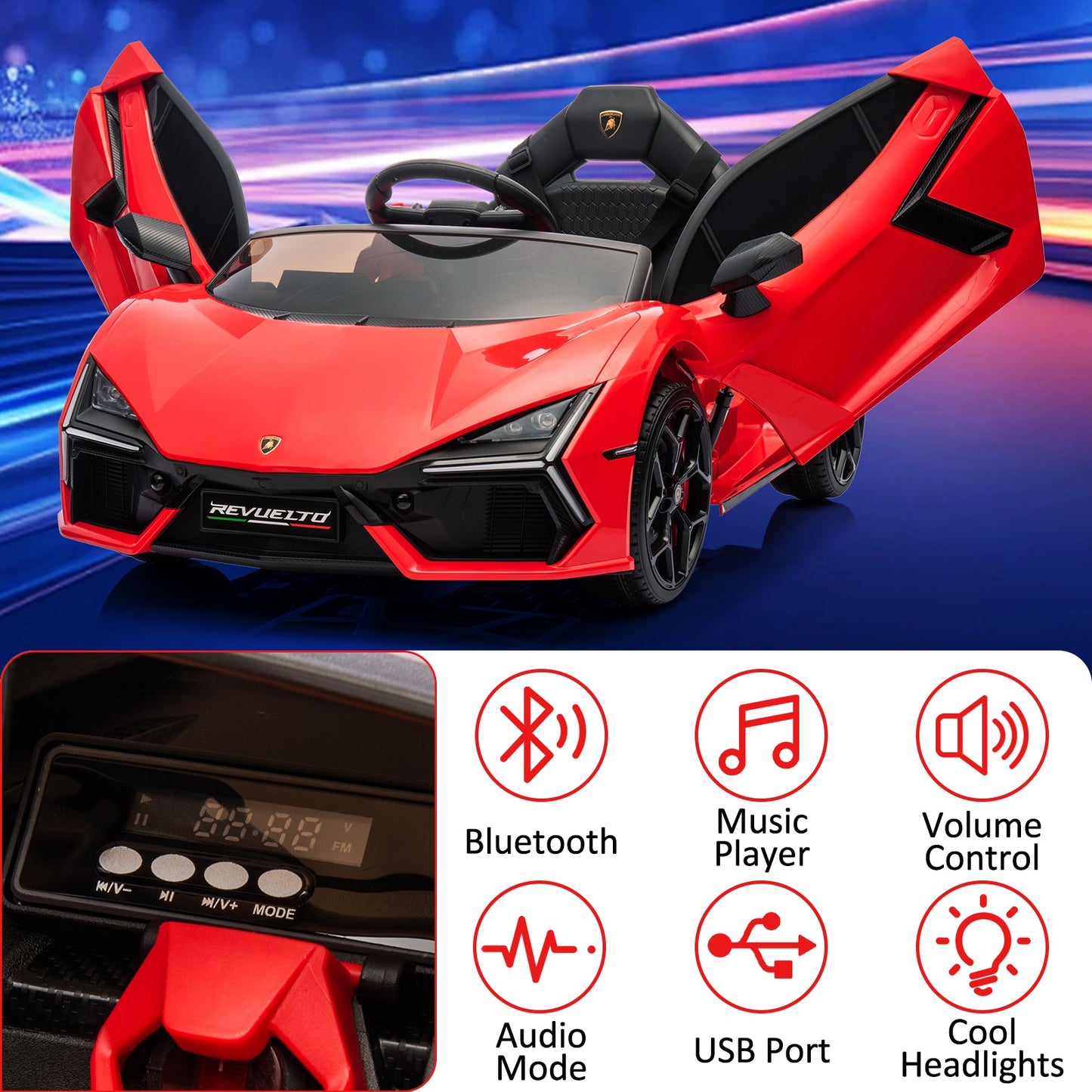Garvee Ride - P Series: 12V Ride On Car for Kids, Licensed Revuelto Electric Vehicle, Battery Powered Sports Car Toy for Boys & Girls, with Bluetooth, Usb