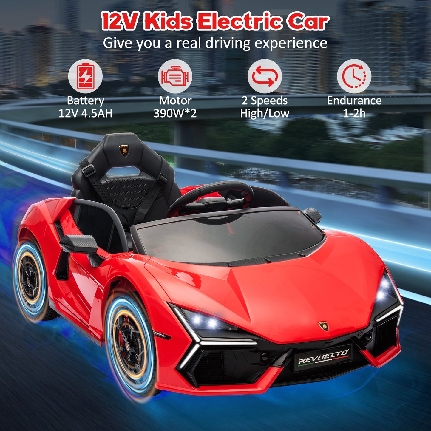 Garvee Ride - P Series: 12V Ride On Car for Kids, Licensed Revuelto Electric Vehicle, Battery Powered Sports Car Toy for Boys & Girls, with Bluetooth, Usb