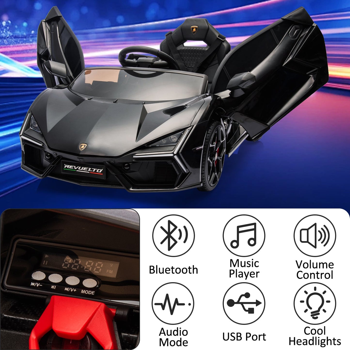 Garvee Ride - P Series: 12V Ride On Car for Kids, Licensed Revuelto Electric Vehicle, Battery Powered Sports Car Toy for Boys & Girls, with Bluetooth, Usb