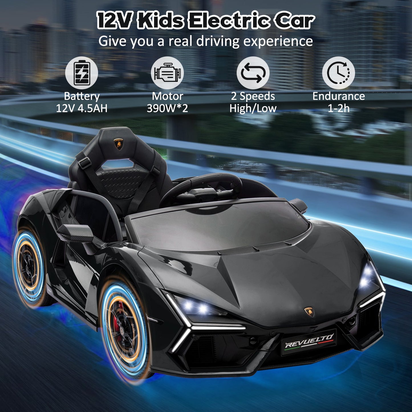 Garvee Ride - P Series: 12V Ride On Car for Kids, Licensed Revuelto Electric Vehicle, Battery Powered Sports Car Toy for Boys & Girls, with Bluetooth, Usb