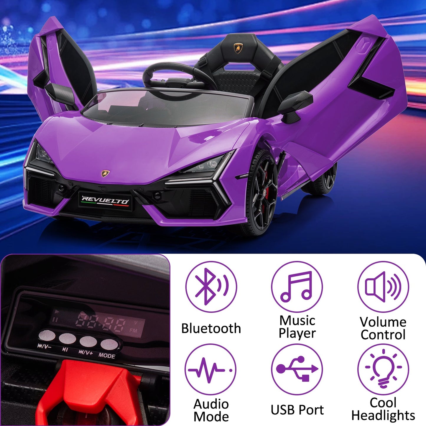 Garvee Ride - P Series: 12V Ride On Car for Kids, Licensed Revuelto Electric Vehicle, Battery Powered Sports Car Toy for Boys & Girls, with Bluetooth, Usb